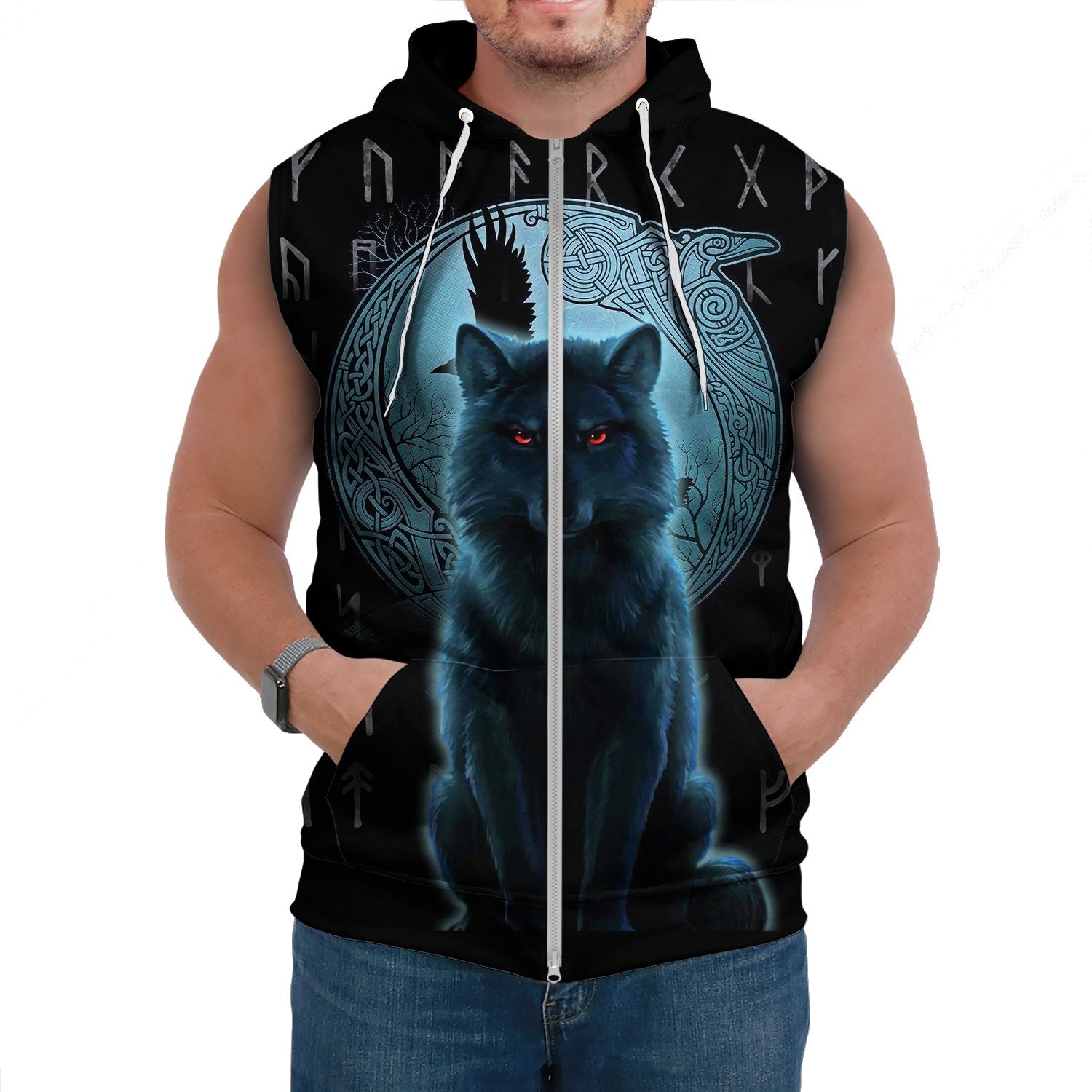 Viking Sleeveless Hoodie Fenrir Viking Wolf And Moon