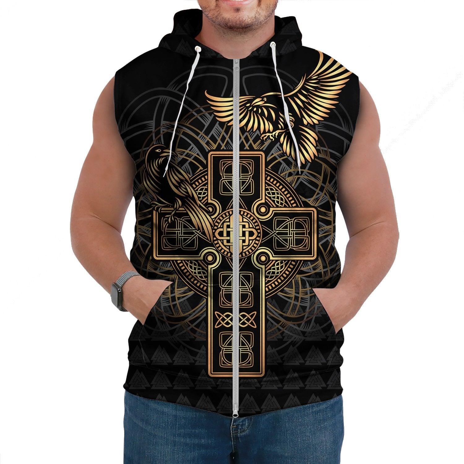 Viking Sleeveless Hoodie Odin's Celtic Raven Tattoo