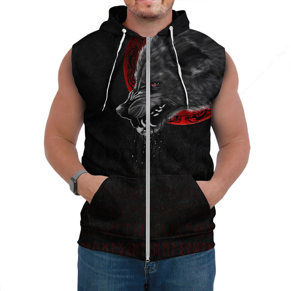 Viking Sleeveless Hoodie Wolf And Blood Moon