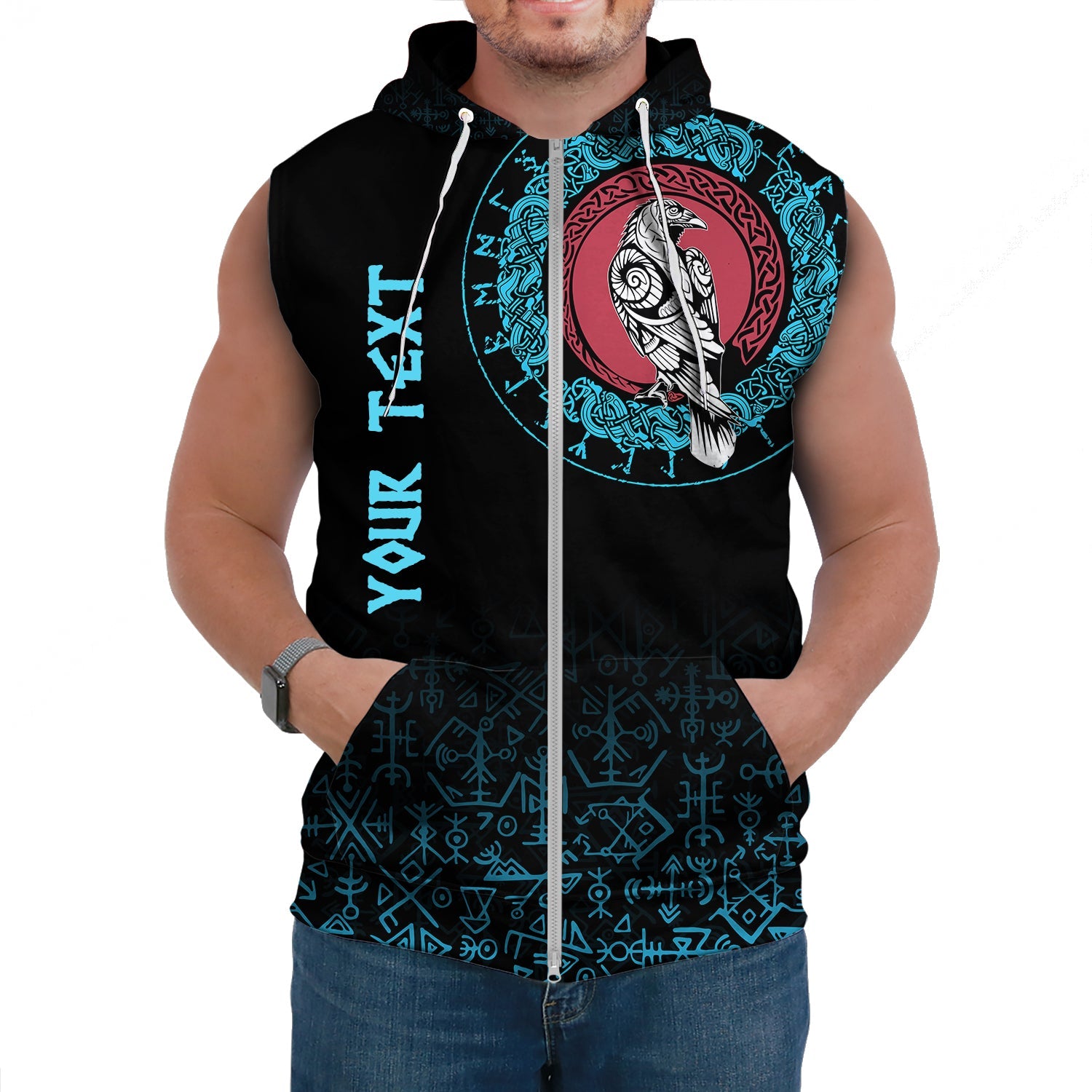 Custom Viking Sleeveless Hoodie Raven Celtic Cyan Tattoo