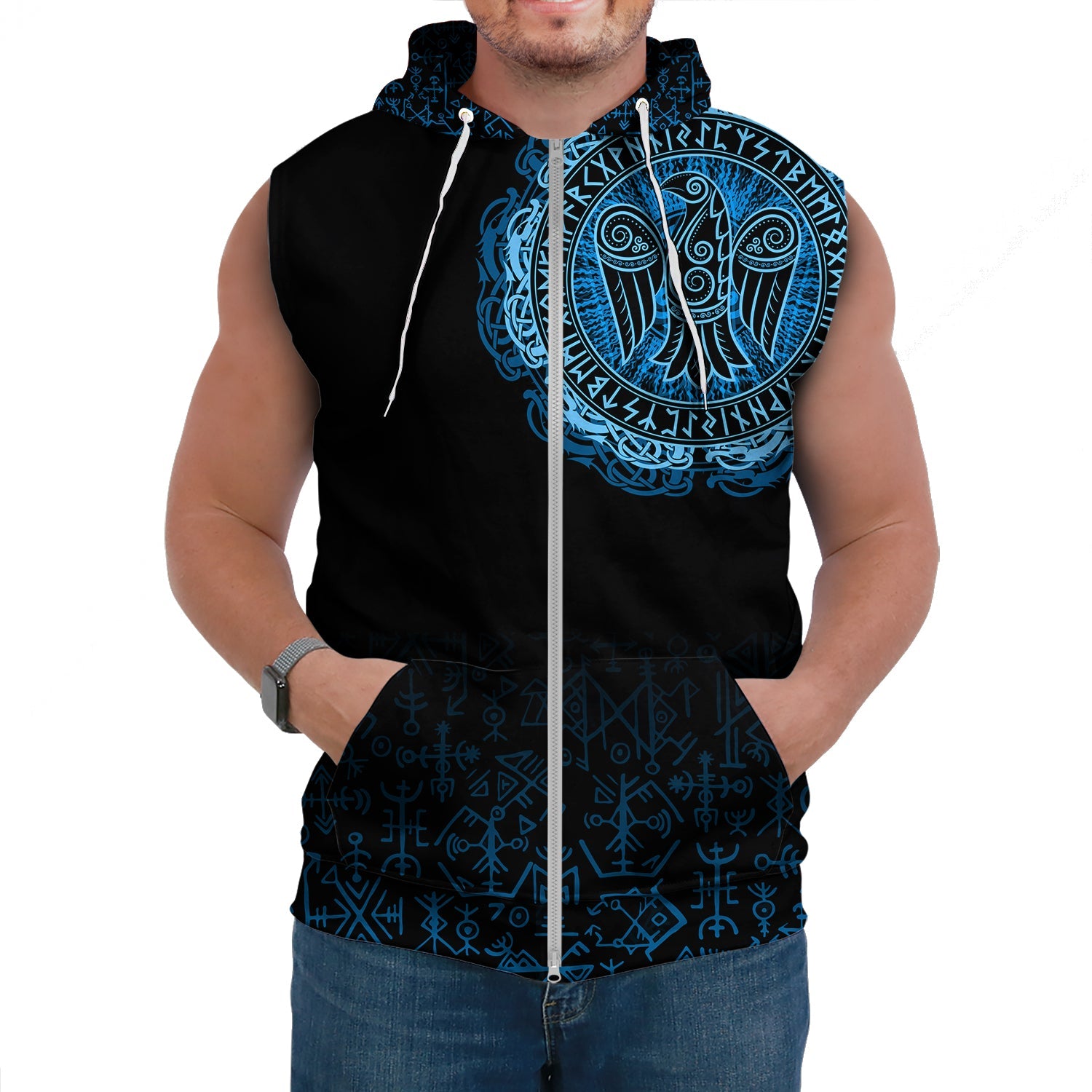 Viking Sleeveless Hoodie Raven Celtic Cyan