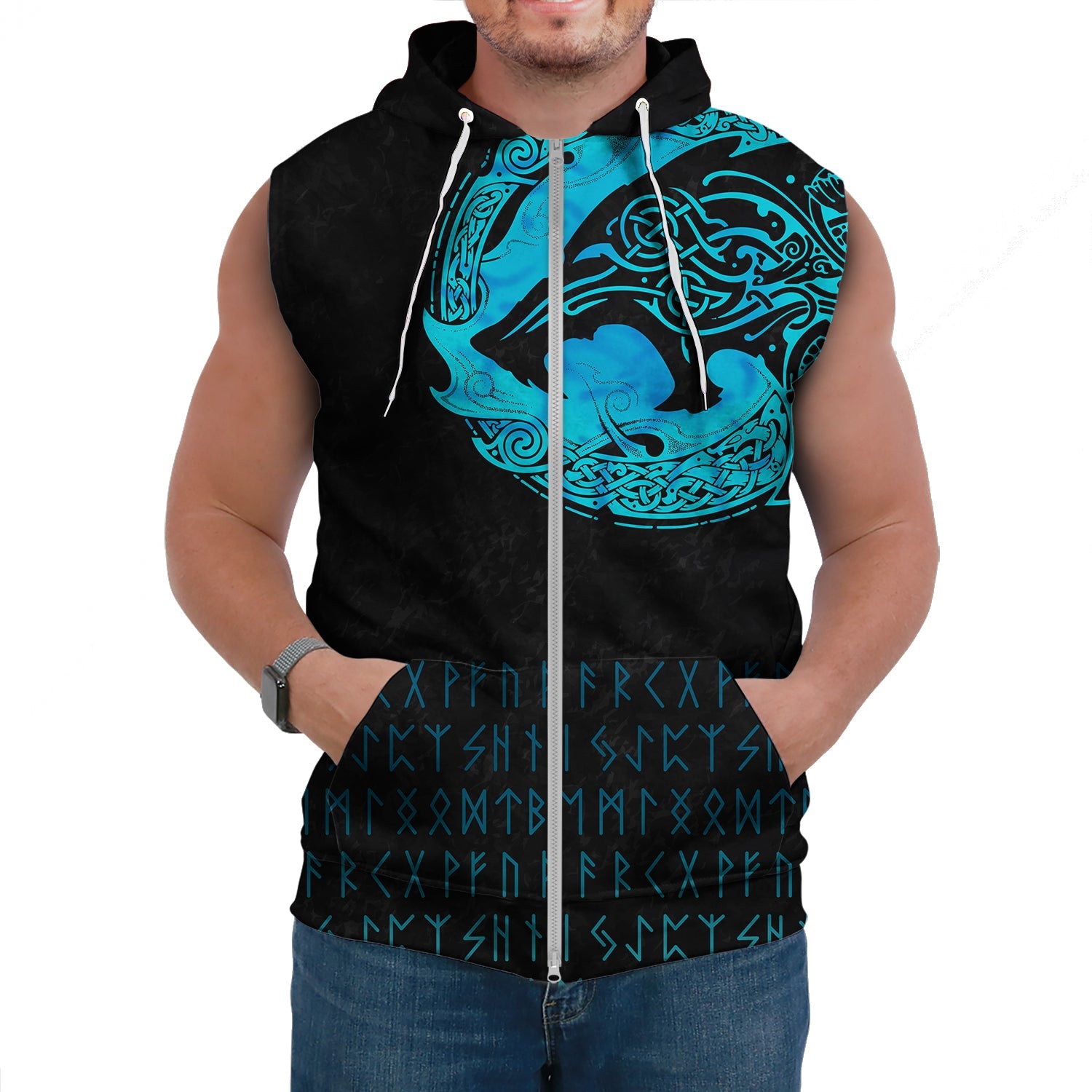 Viking Sleeveless Hoodie Fenrir Wolf Cyan