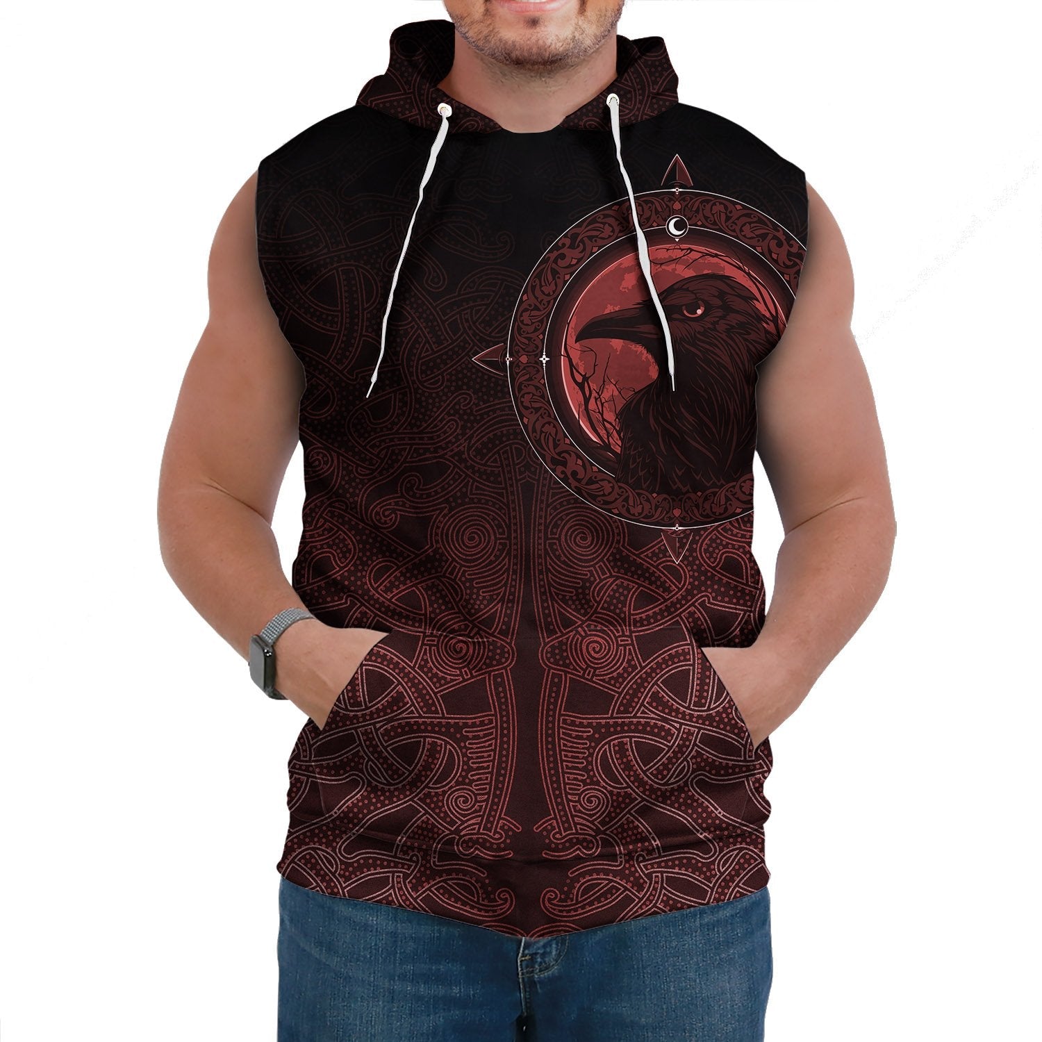 Viking Sleeveless Hoodie Ethnic Odin Raven Red