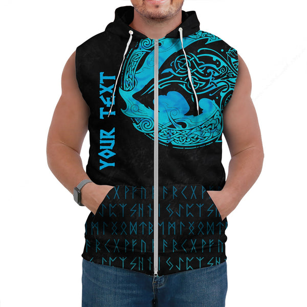 Custom Viking Sleeveless Hoodie Fenrir Wolf Cyan