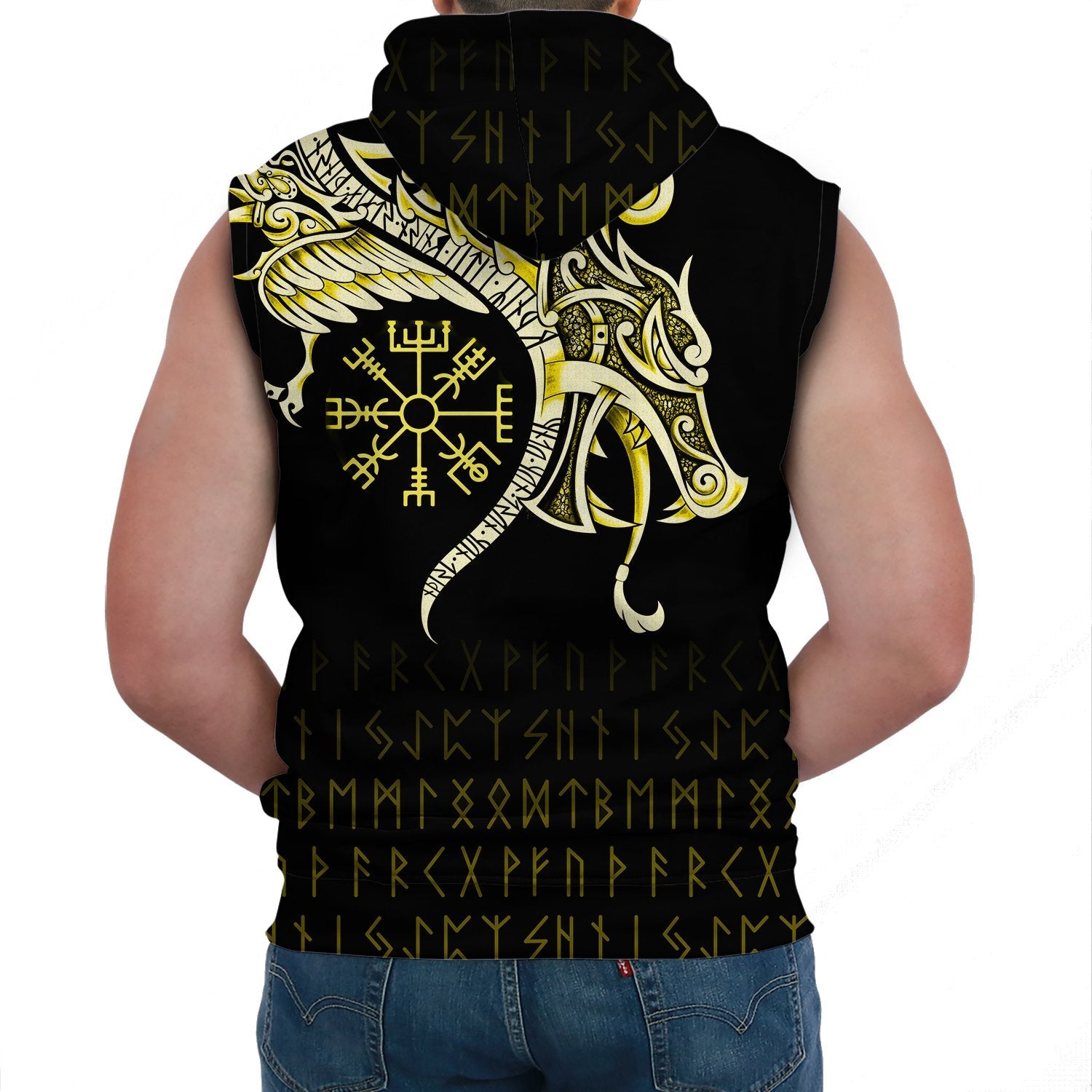 Viking Sleeveless Hoodie Fenrir Raven And Vegvisir Tattoo Yellow