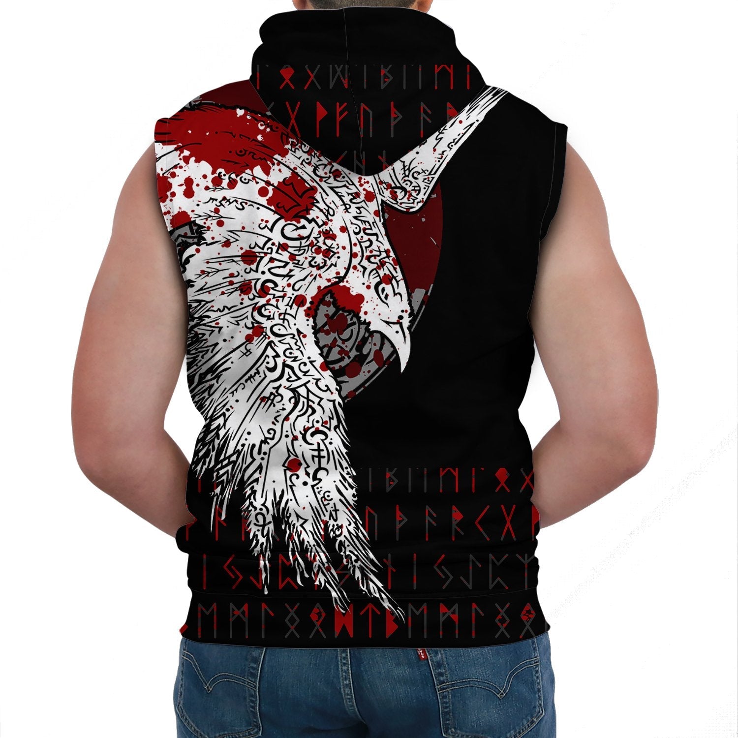 Viking Sleeveless Hoodie Mystical Raven Tattoo Style Blood