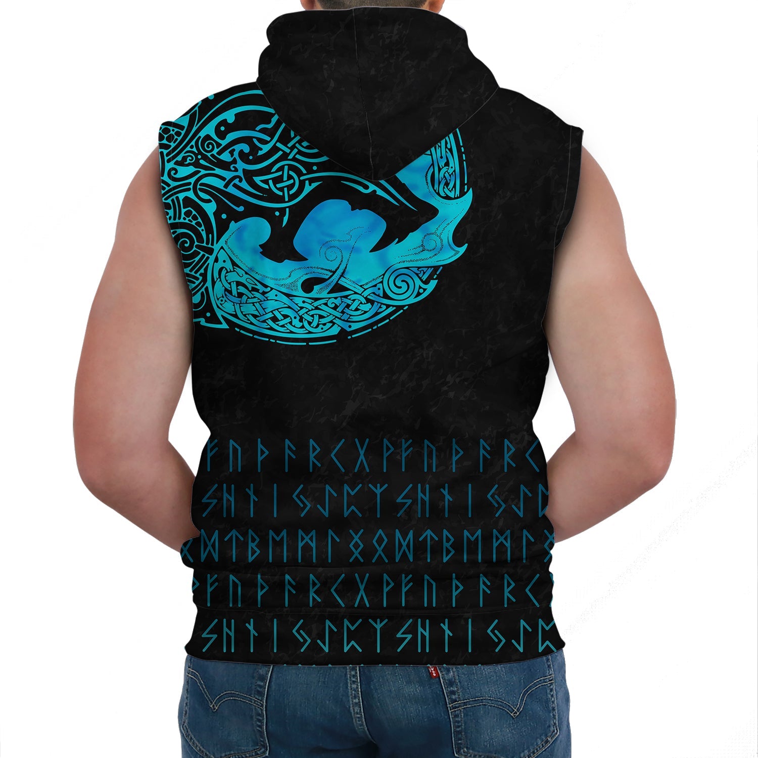 Custom Viking Sleeveless Hoodie Fenrir Wolf Cyan