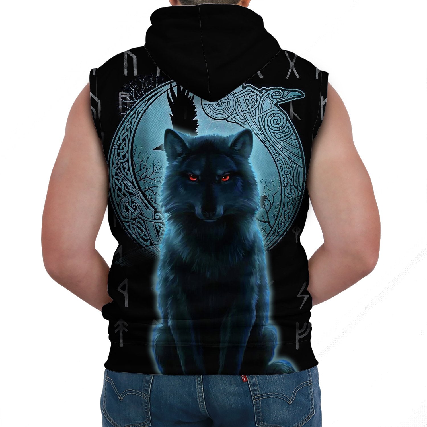 Viking Sleeveless Hoodie Fenrir Viking Wolf And Moon