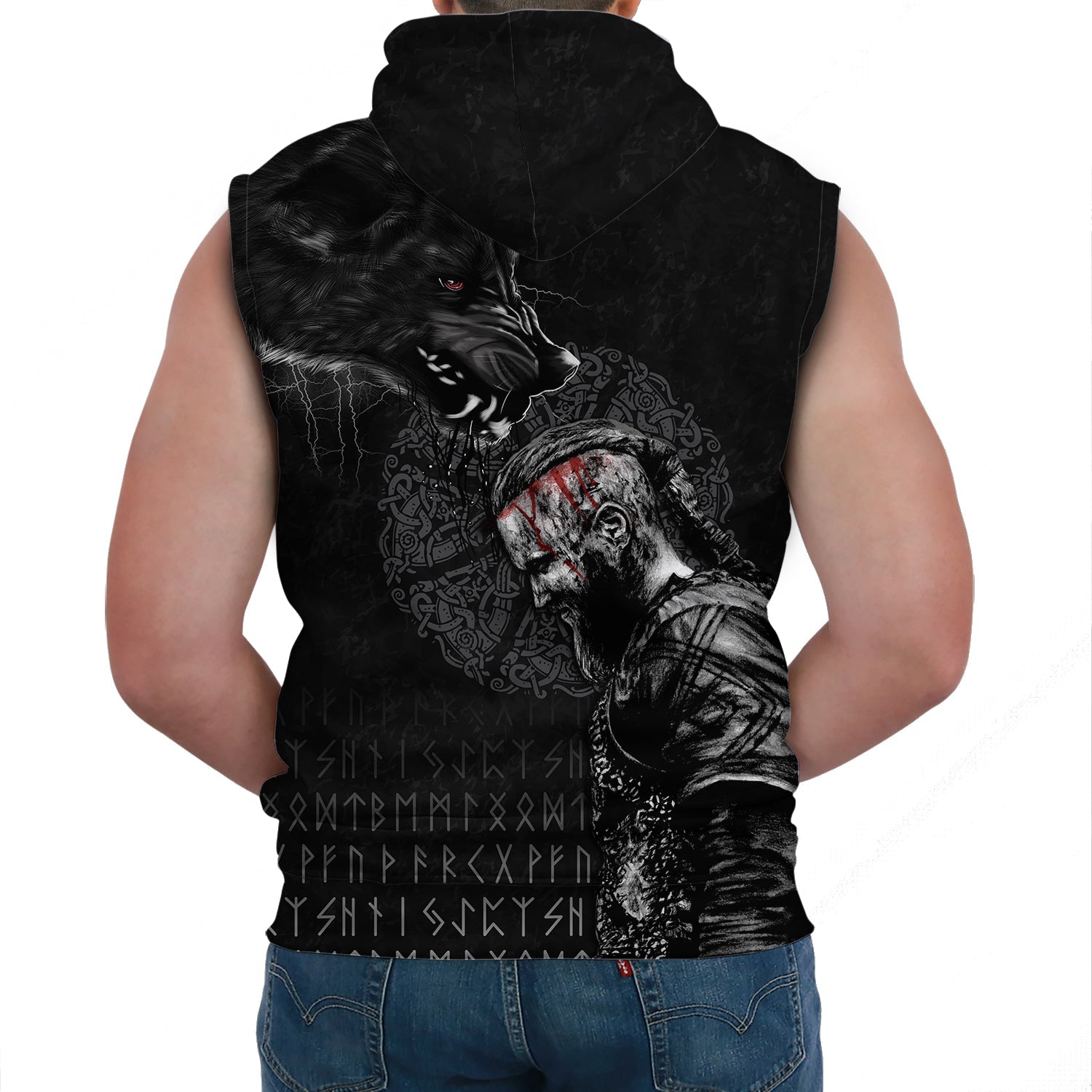 Viking Sleeveless Hoodie Ragnar and Wolf