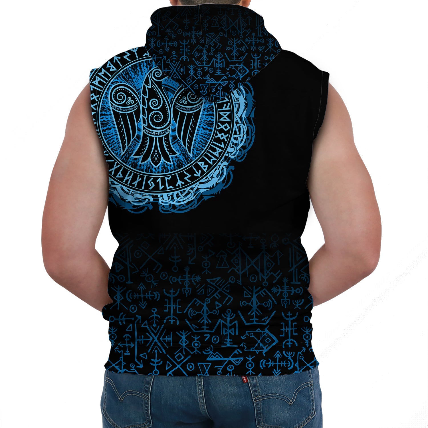 Custom Viking Sleeveless Hoodie Raven Celtic Cyan