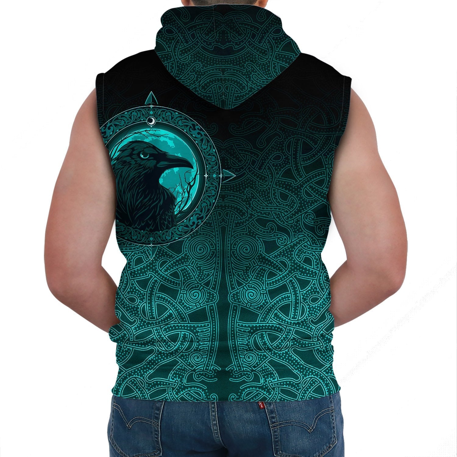 Viking Sleeveless Hoodie Ethnic Odin Raven Cyan