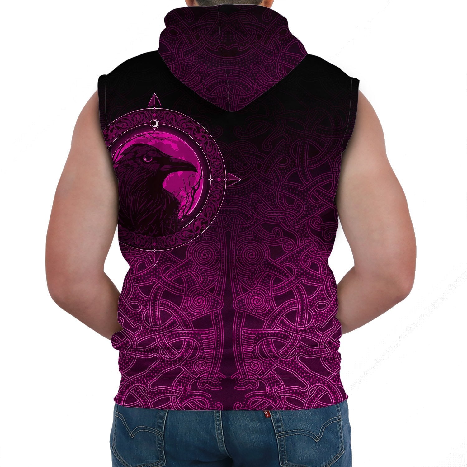 Viking Sleeveless Hoodie Ethnic Odin Raven Pink