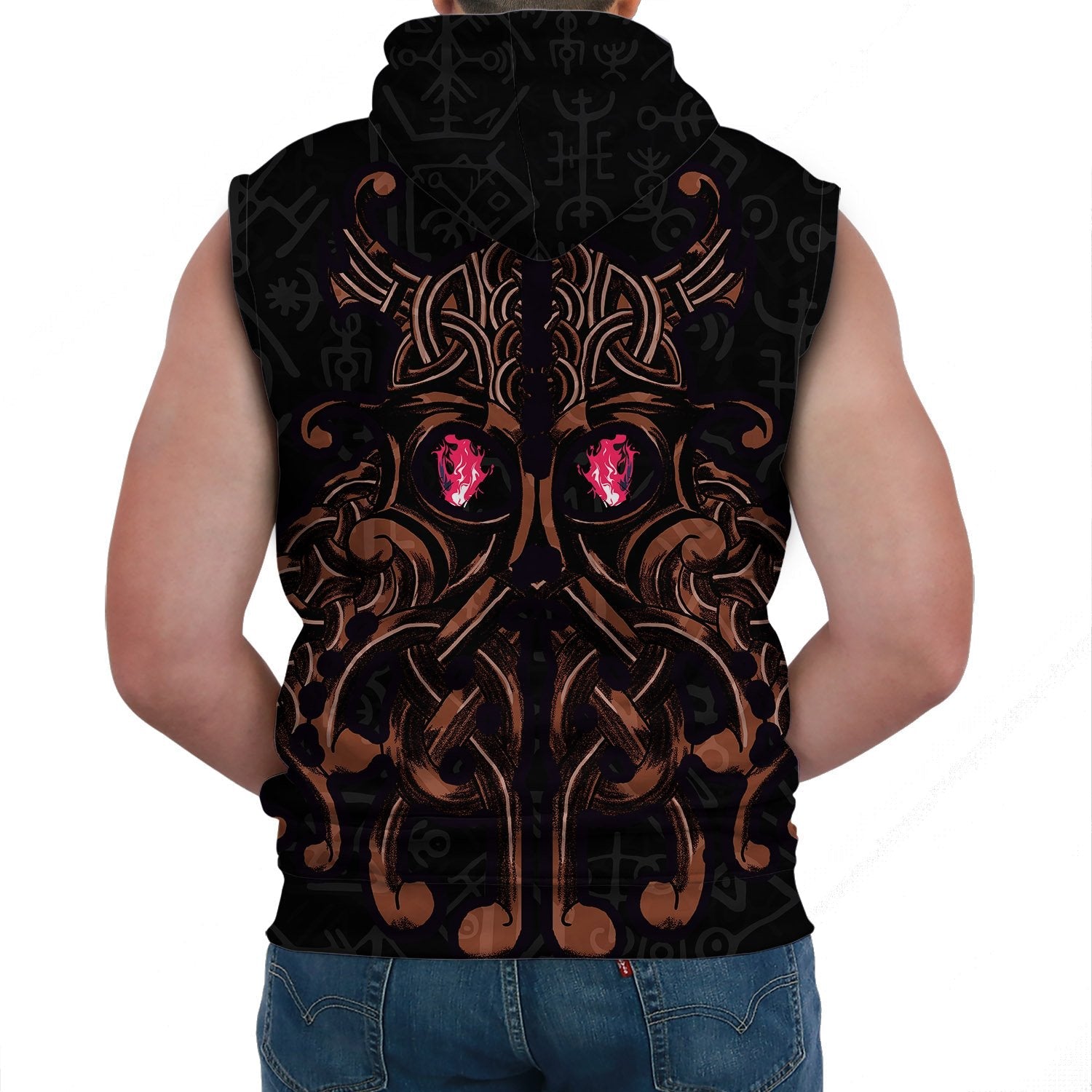 Viking Sleeveless Hoodie Odin God Furthark Tattoo Special