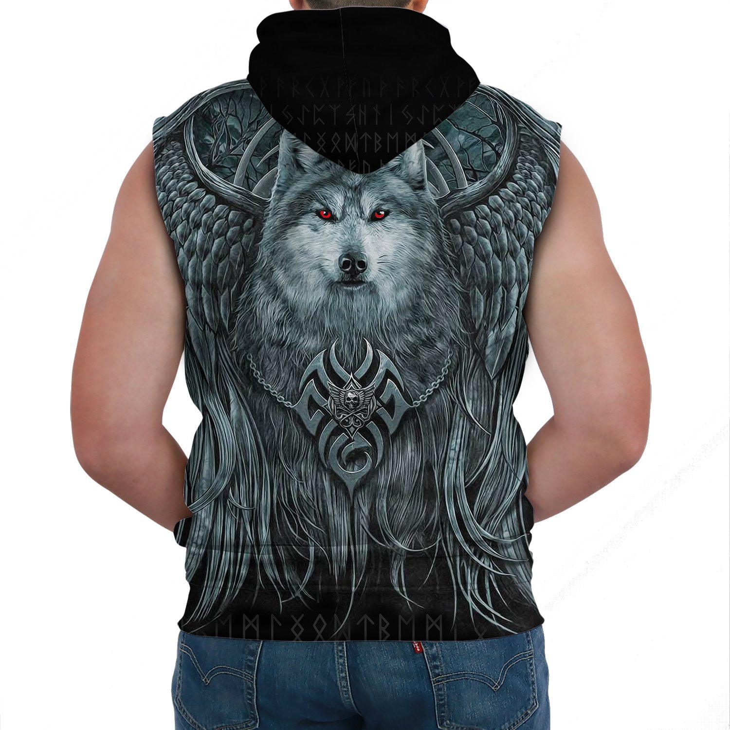 Viking Sleeveless Hoodie Spiral Wolf Spirit