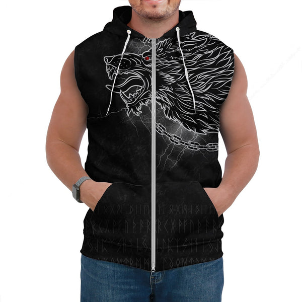 Viking Sleeveless Hoodie Fenrir Norse Wolf Thunderstorm