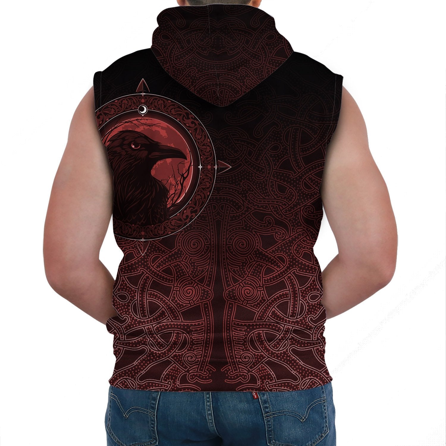 Viking Sleeveless Hoodie Ethnic Odin Raven Red