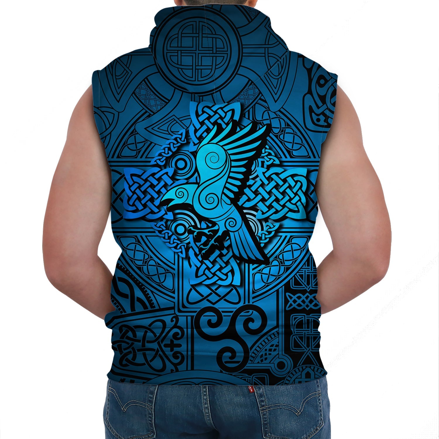 Viking Sleeveless Hoodie Raven Odin Celtic Cyan