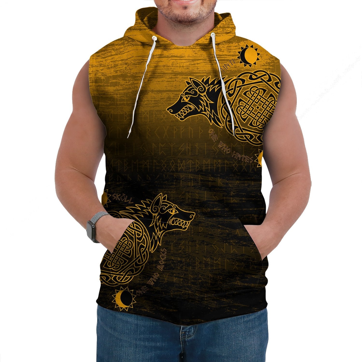 Viking Sleeveless Hoodie Skoll And Hati Gold