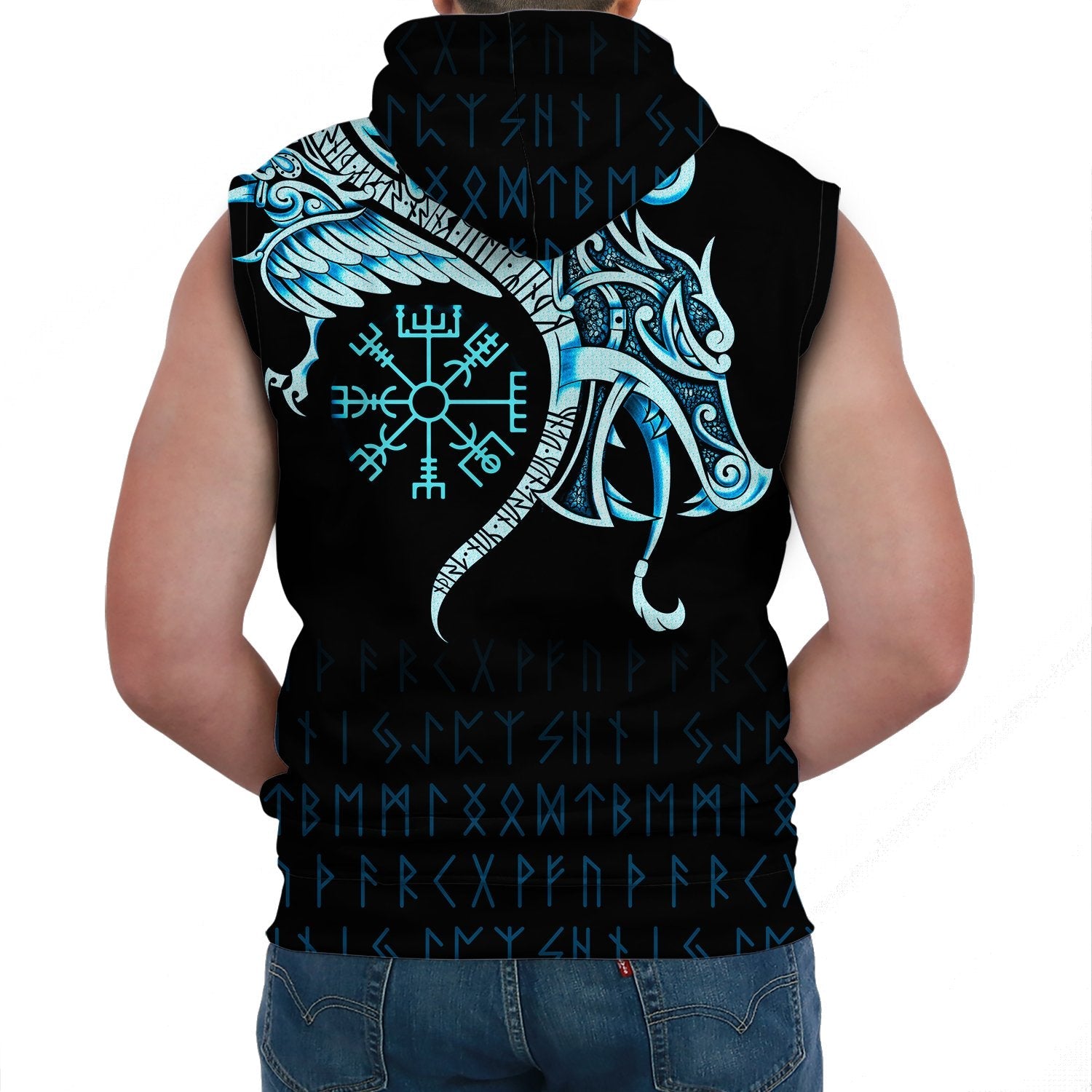 Viking Sleeveless Hoodie Fenrir Raven And Vegvisir Tattoo Cyan