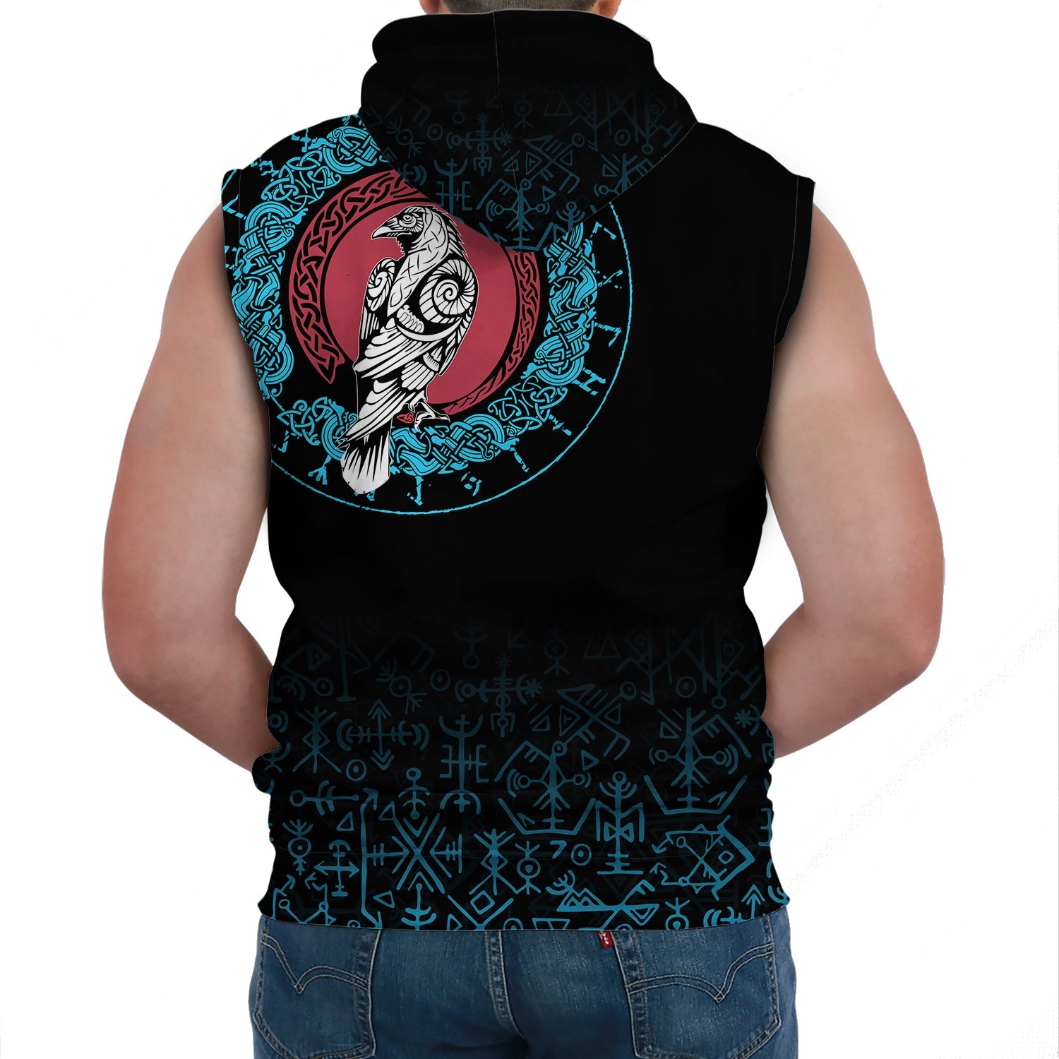 Viking Sleeveless Hoodie Raven Celtic Cyan Tattoo