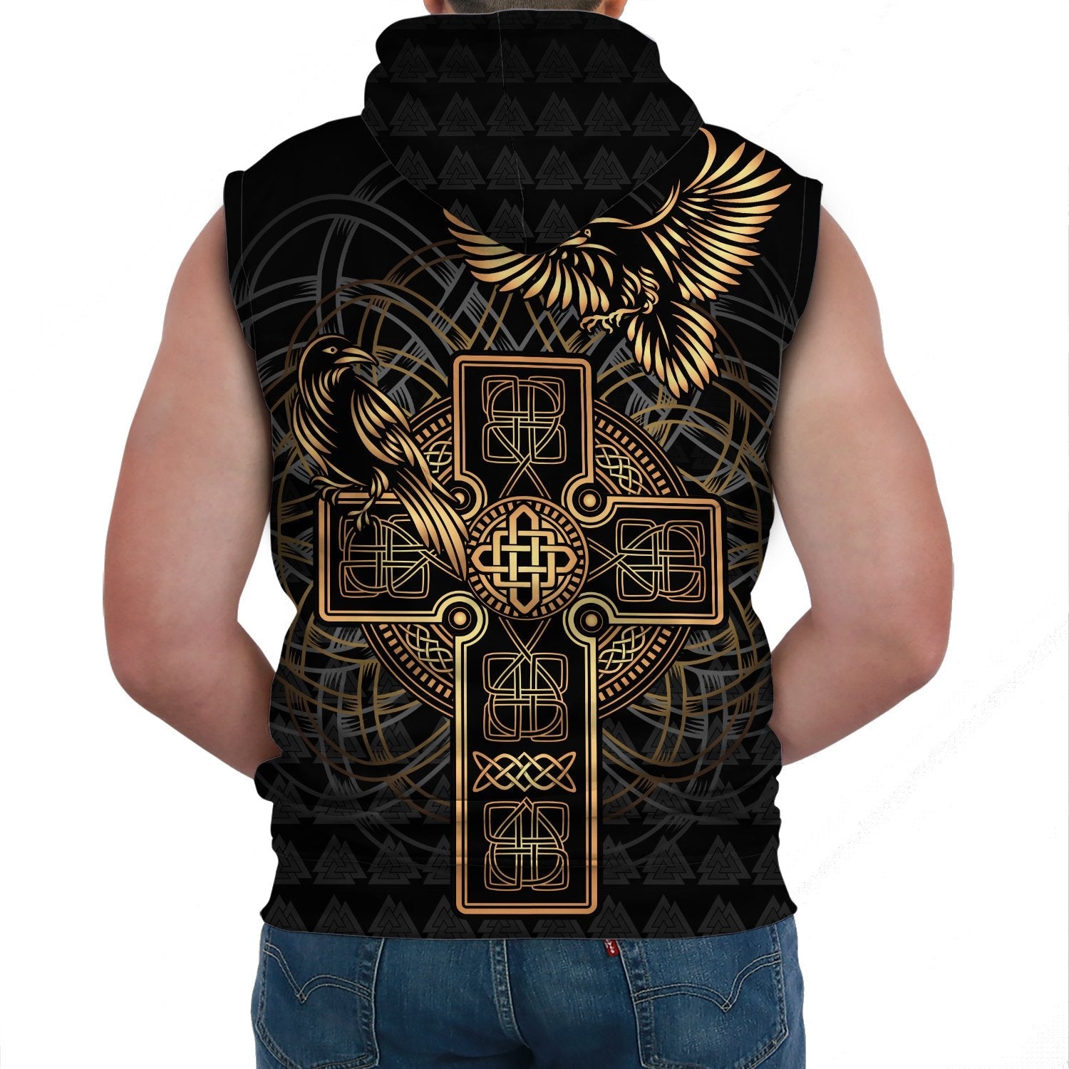 Viking Sleeveless Hoodie Odin's Celtic Raven Tattoo