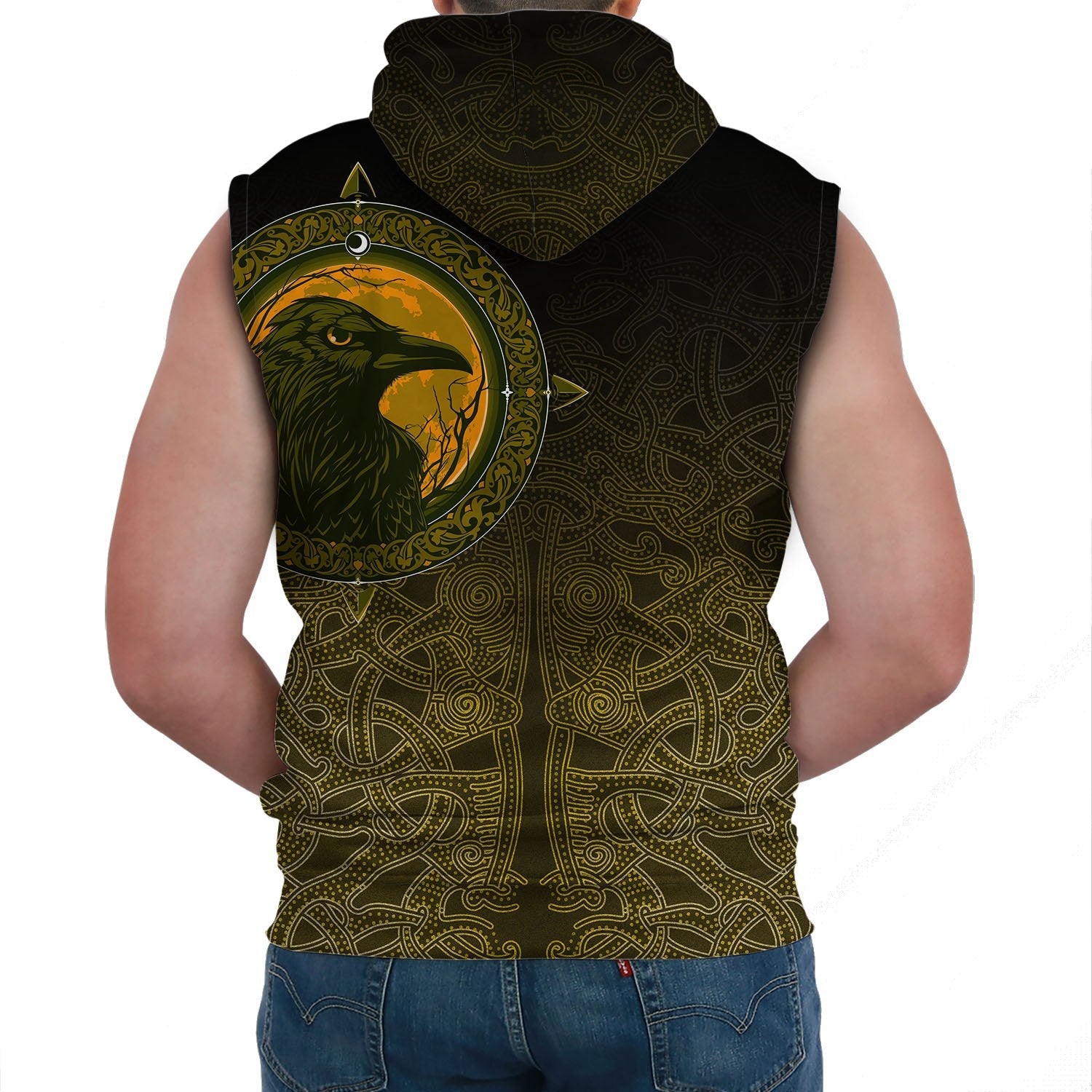 Viking Sleeveless Hoodie Ethnic Odin Raven Gold