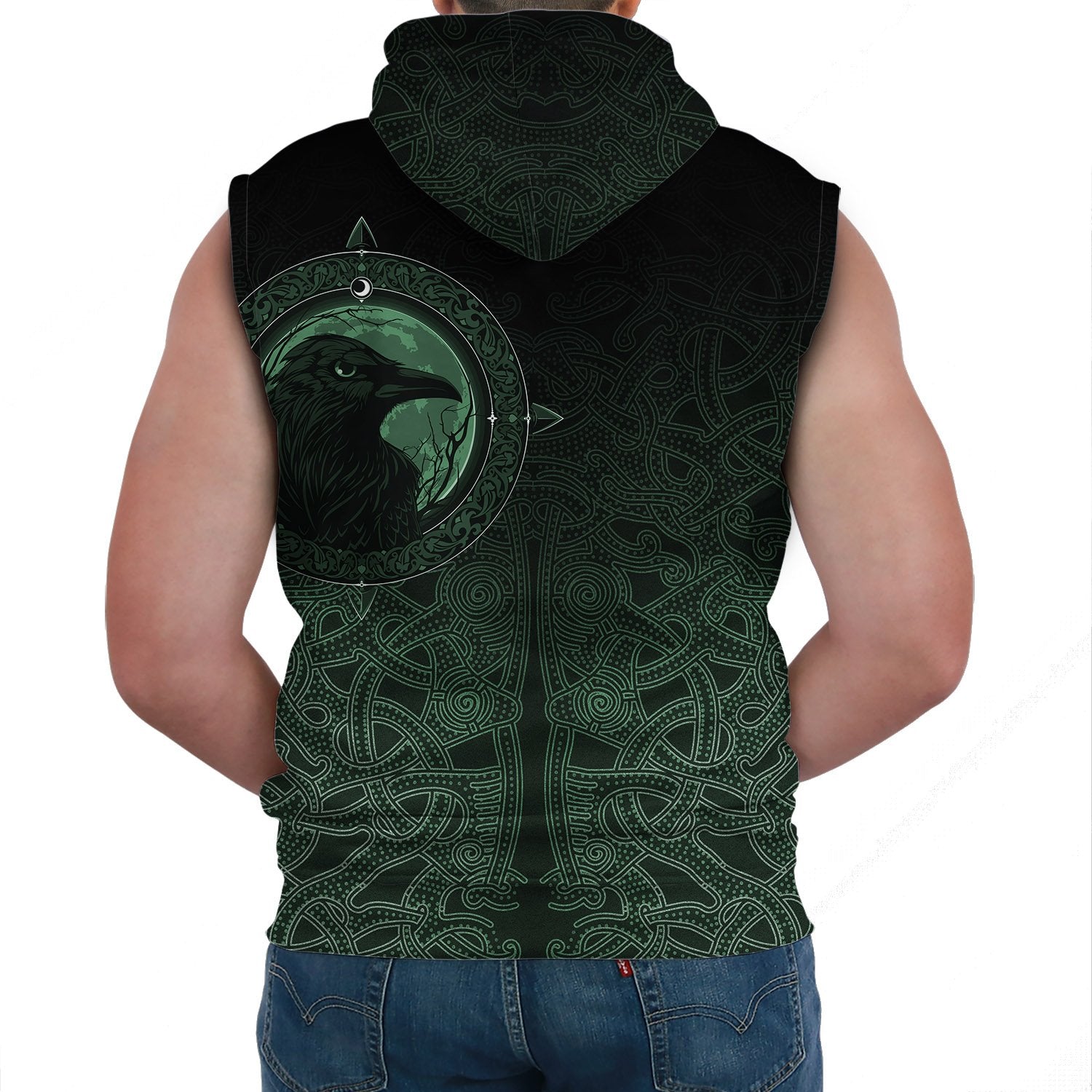 Viking Sleeveless Hoodie Ethnic Odin Raven Green