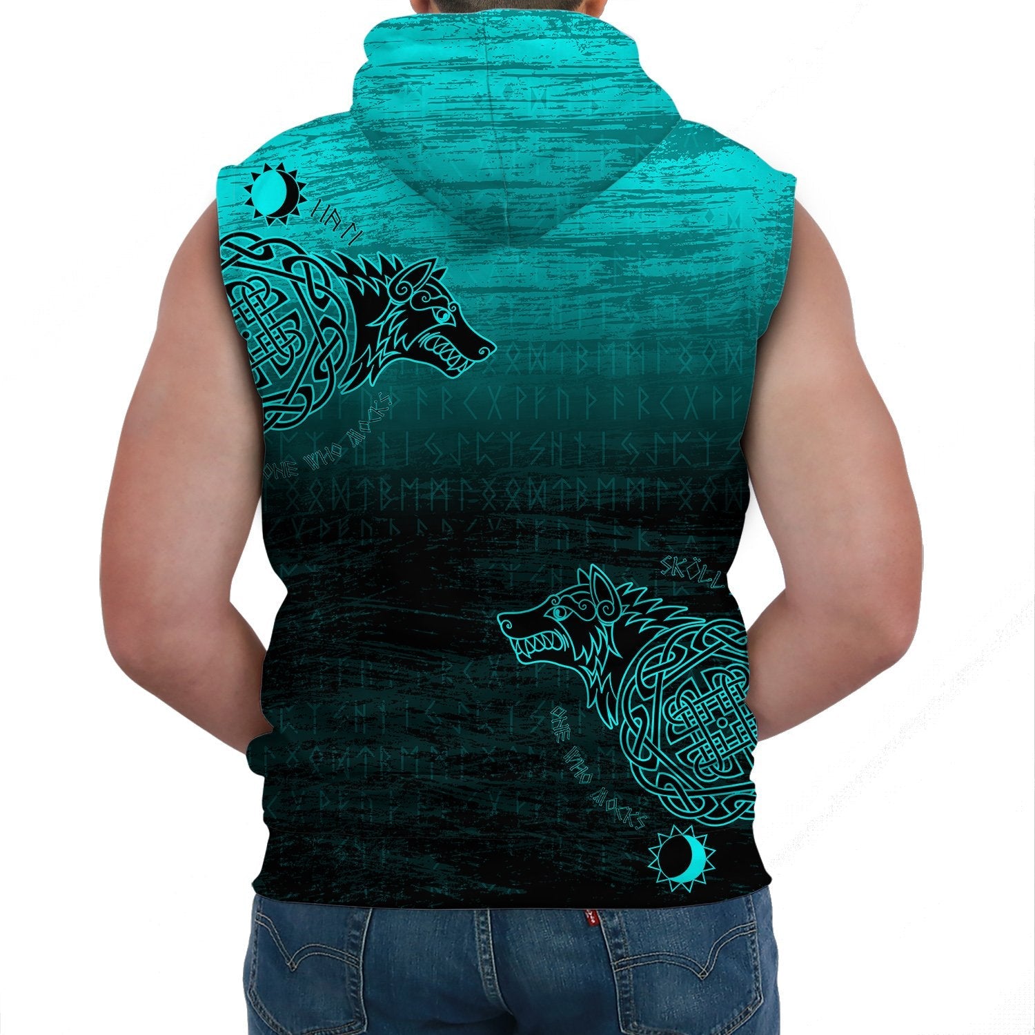 Viking Sleeveless Hoodie Skoll And Hati Cyan