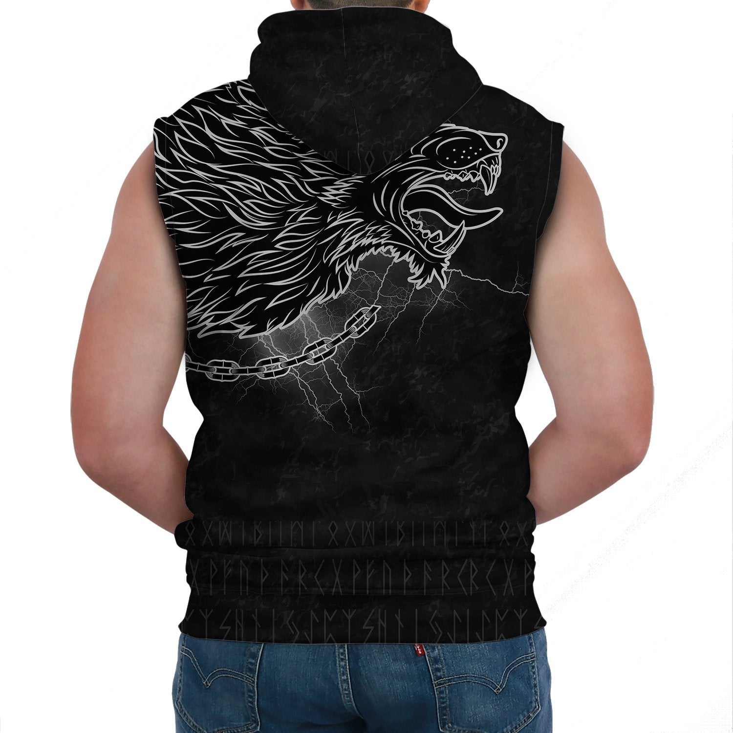 Custom Viking Sleeveless Hoodie Fenrir Norse Wolf Thunderstorm