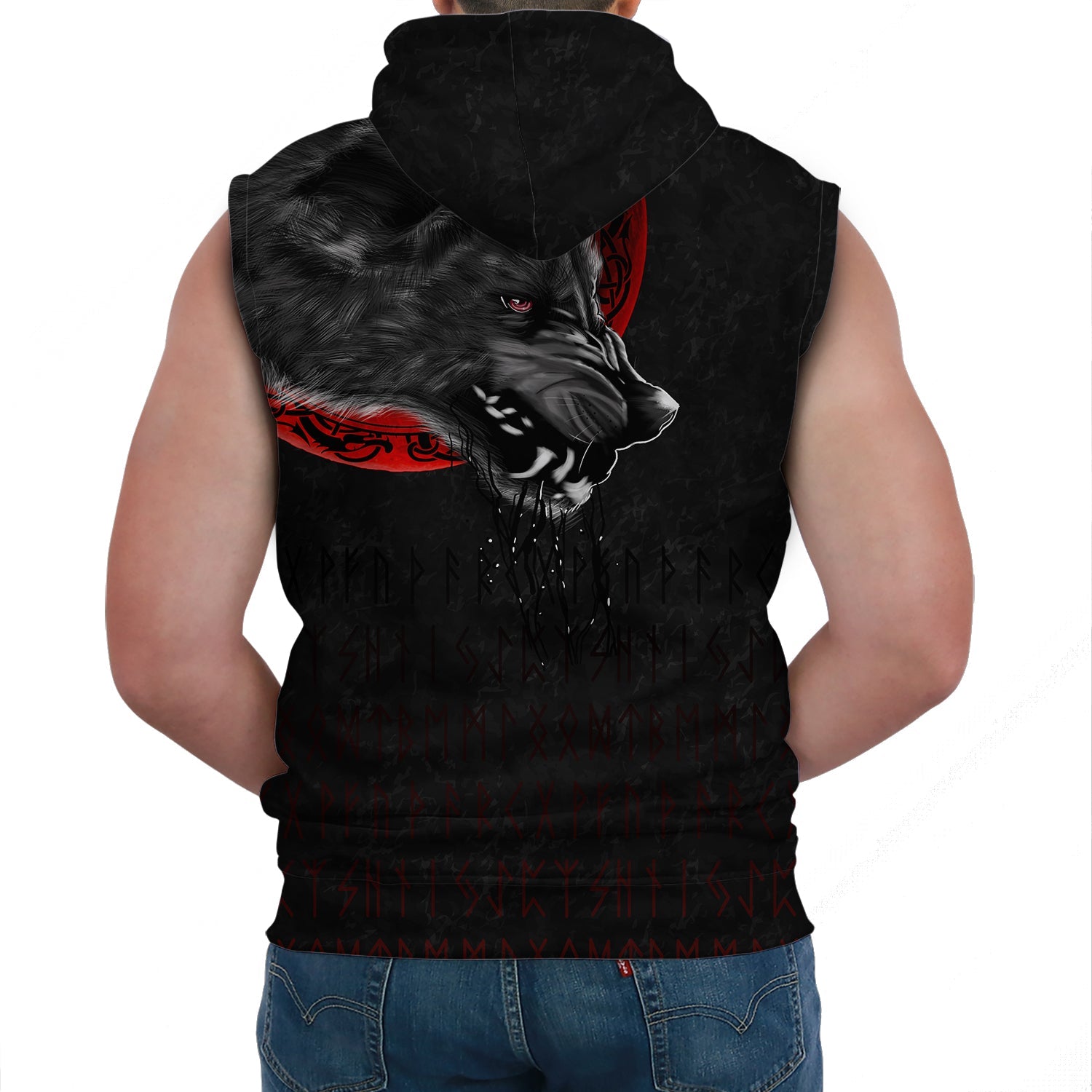 Viking Sleeveless Hoodie Wolf And Blood Moon