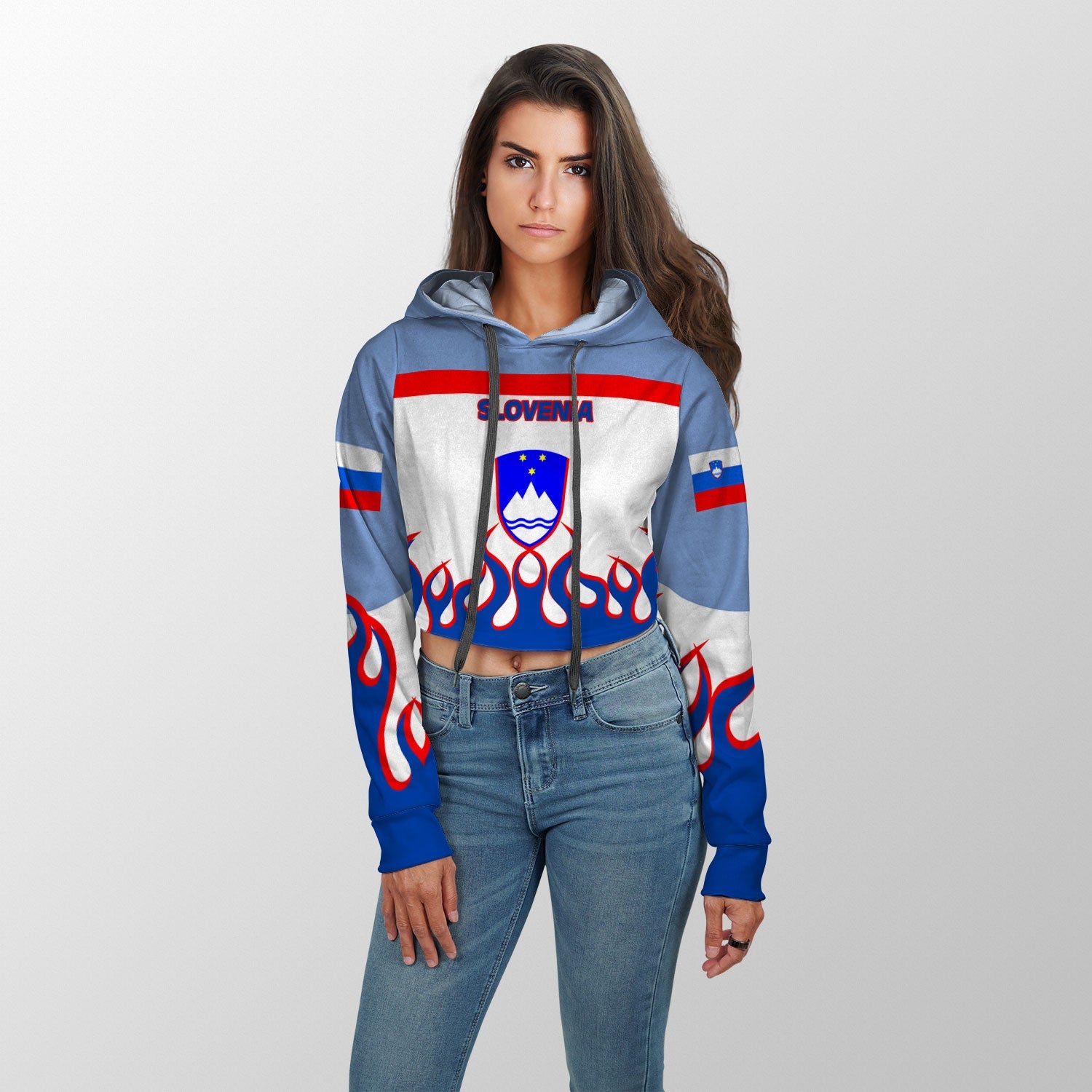 Slovenia Crop Hoodie Flag & Coat Of Arms Fire Hockey Style