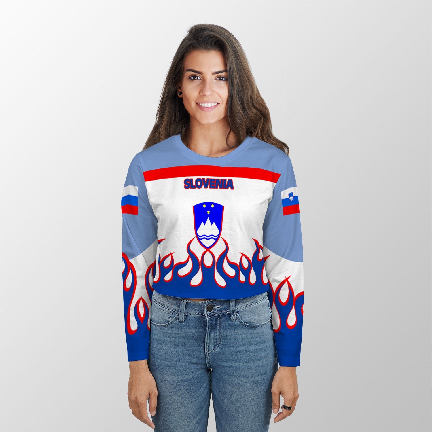 Slovenia Crop Top Long TShirt Flag & Coat Of Arms Fire Hockey Style