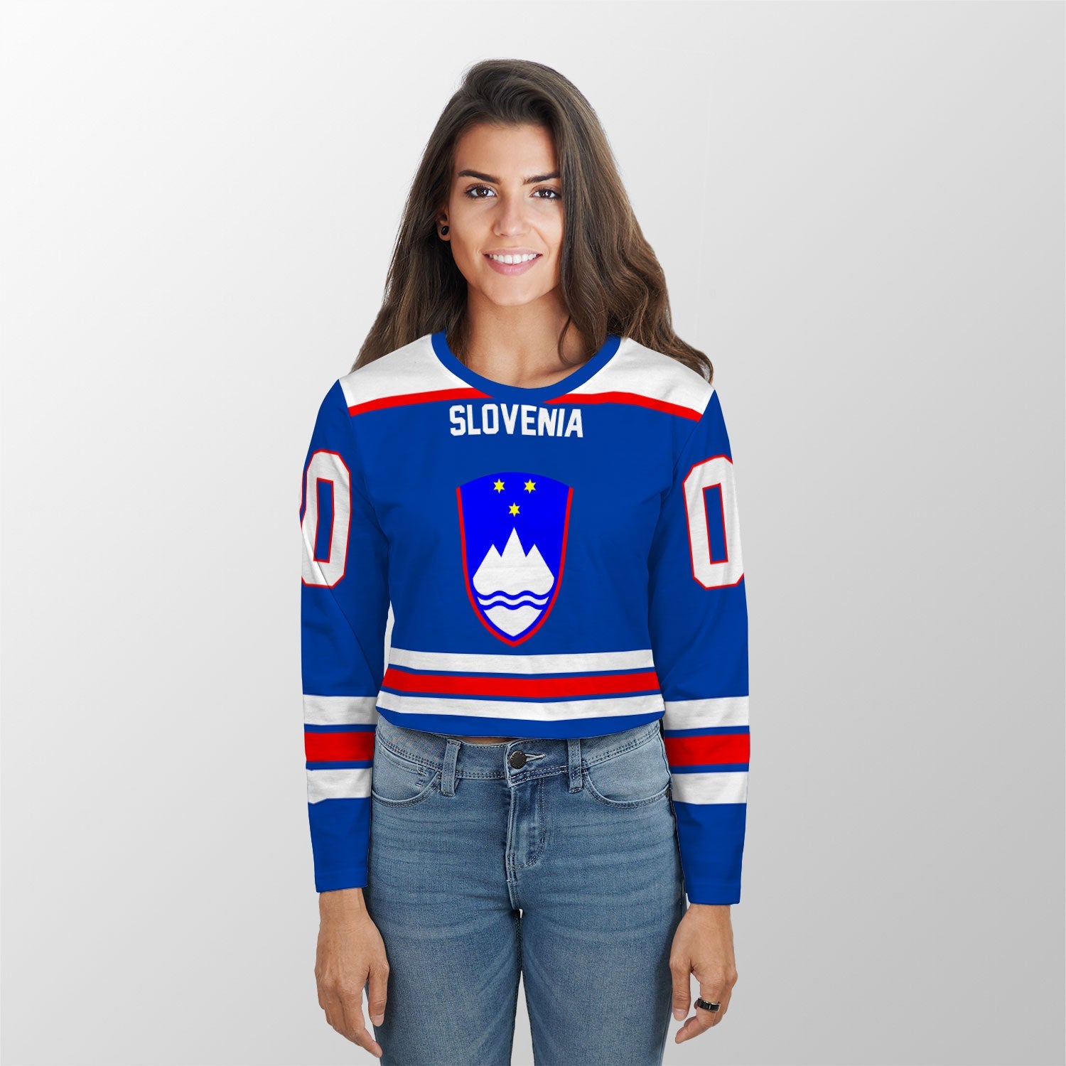 Slovenia Crop Top Long T Shirt Flag & Coat Of Arms Hockey Style