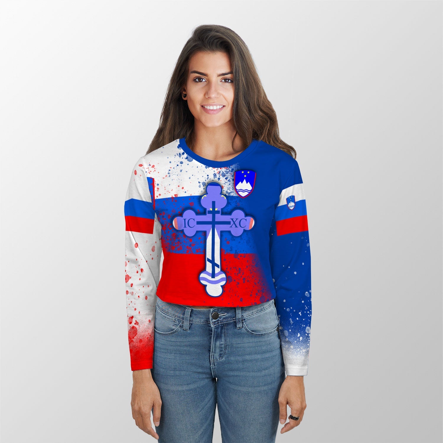 Slovenia Crop Top Long TShirt Flag & Coat Of Arms Orthodox Style