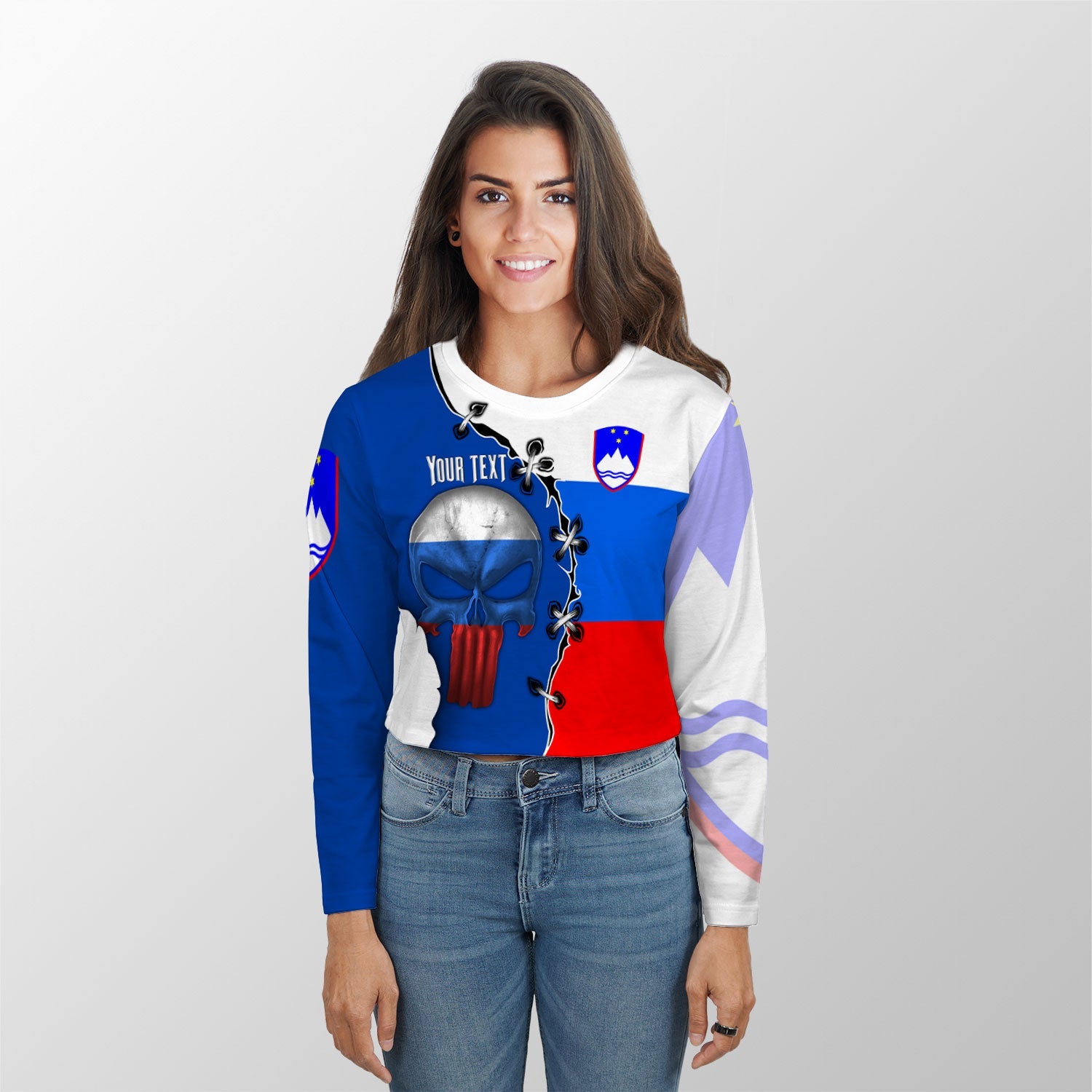 Slovenia Crop Top Long TShirt Flag & Coat Of Arms Skull Style