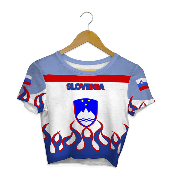 Slovenia Crop Top T Shirt Flag & Coat Of Arms Fire Hockey Style