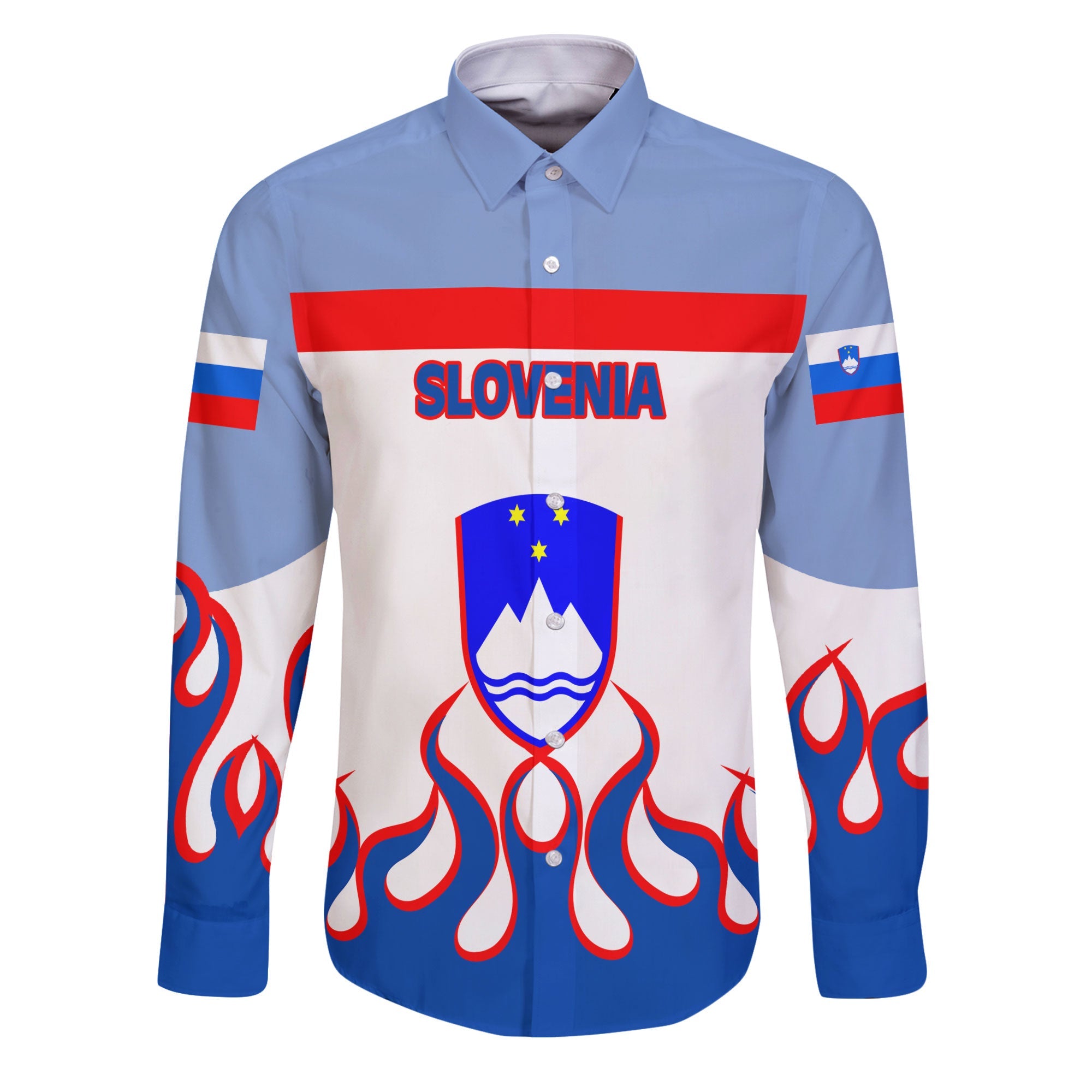 Slovenia Long Sleeve Button Shirt Flag & Coat Of Arms Fire Hockey Style