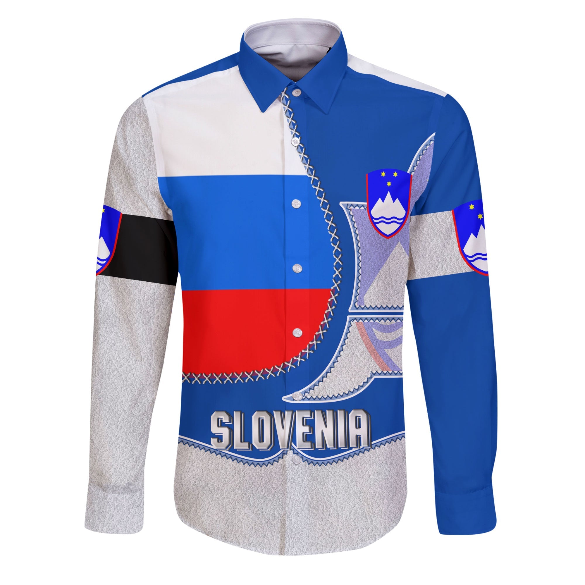 Slovenia Long Sleeve Button Shirt Flag & Coat Of Arms Leather Style