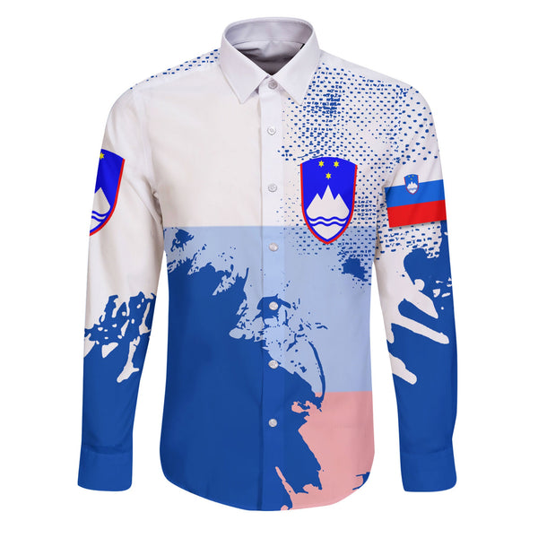 Slovenia Long Sleeve Button Shirt Flag & Coat Of Arms Paint Style