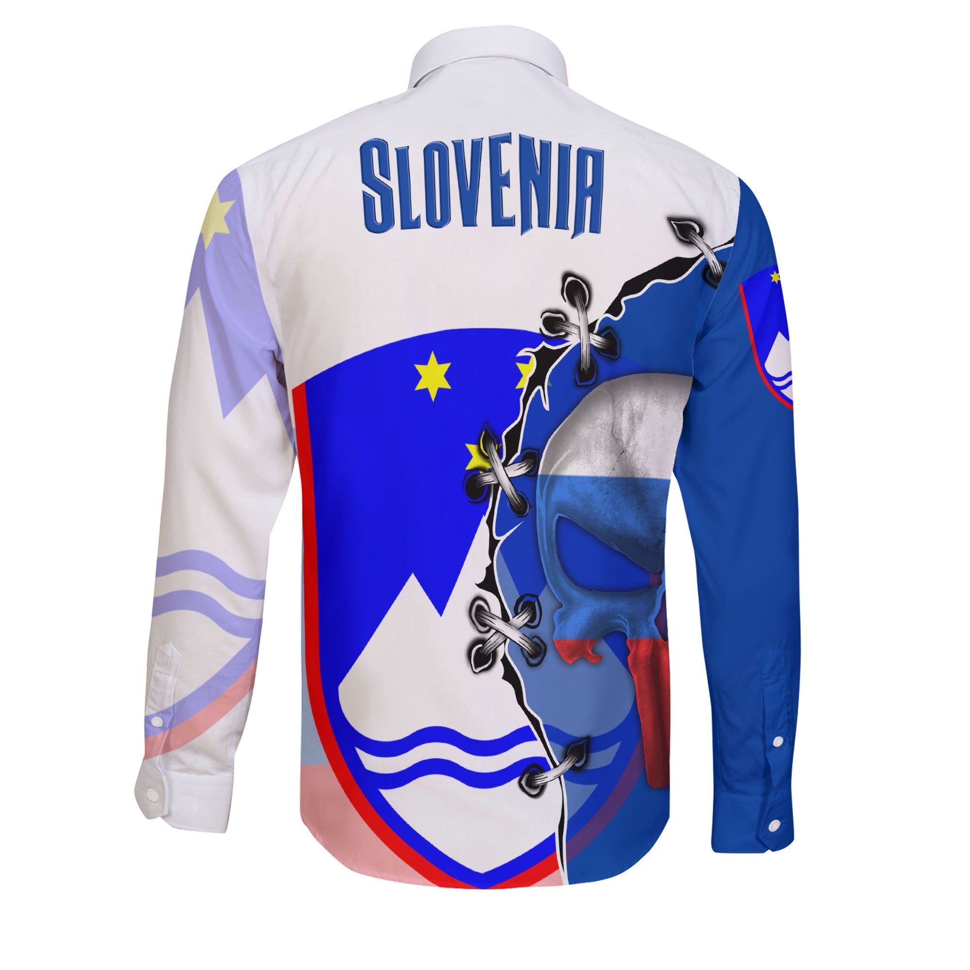 Slovenia Long Sleeve Button Shirt Flag & Coat Of Arms Skull Style