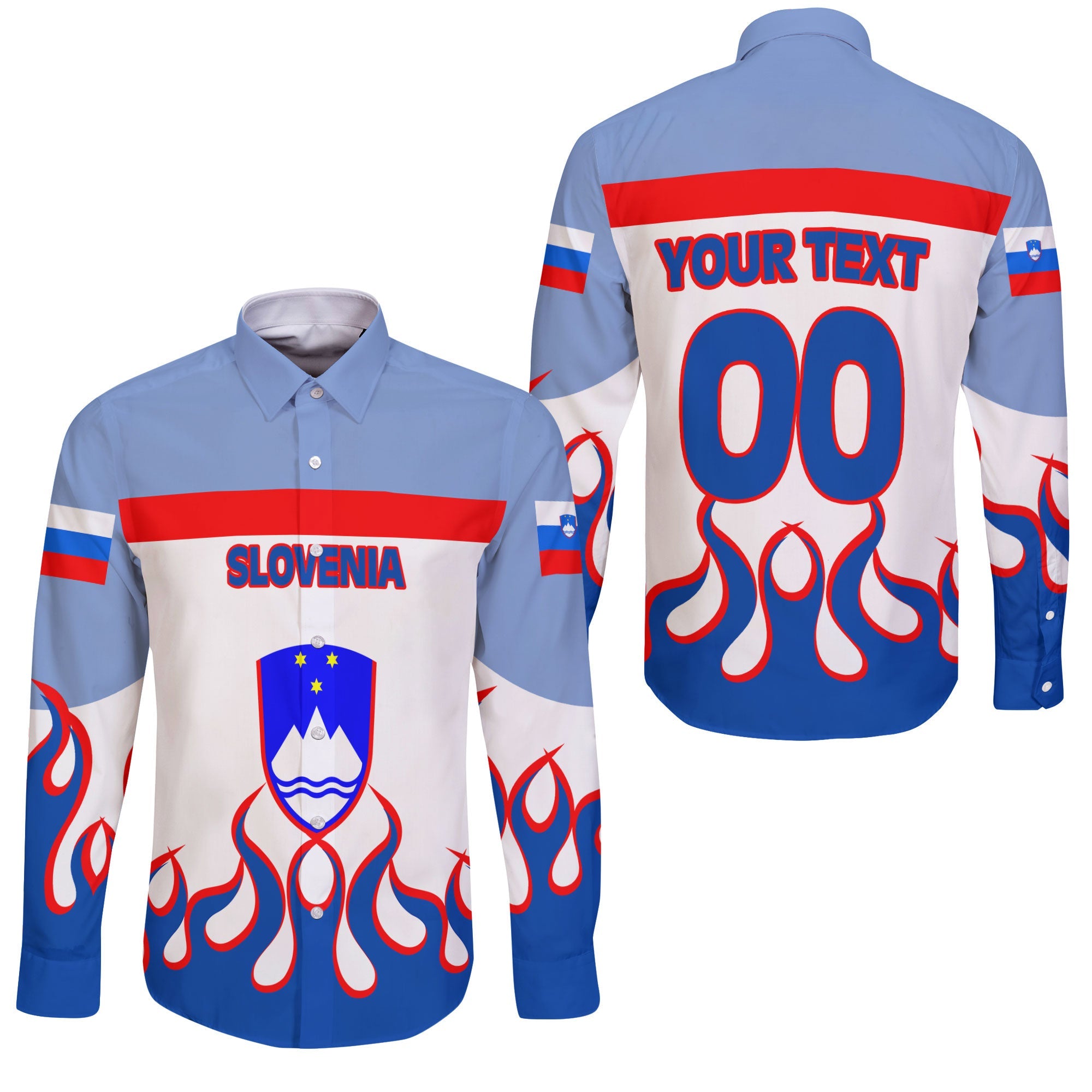 Slovenia Long Sleeve Button Shirt Flag & Coat Of Arms Fire Hockey Style