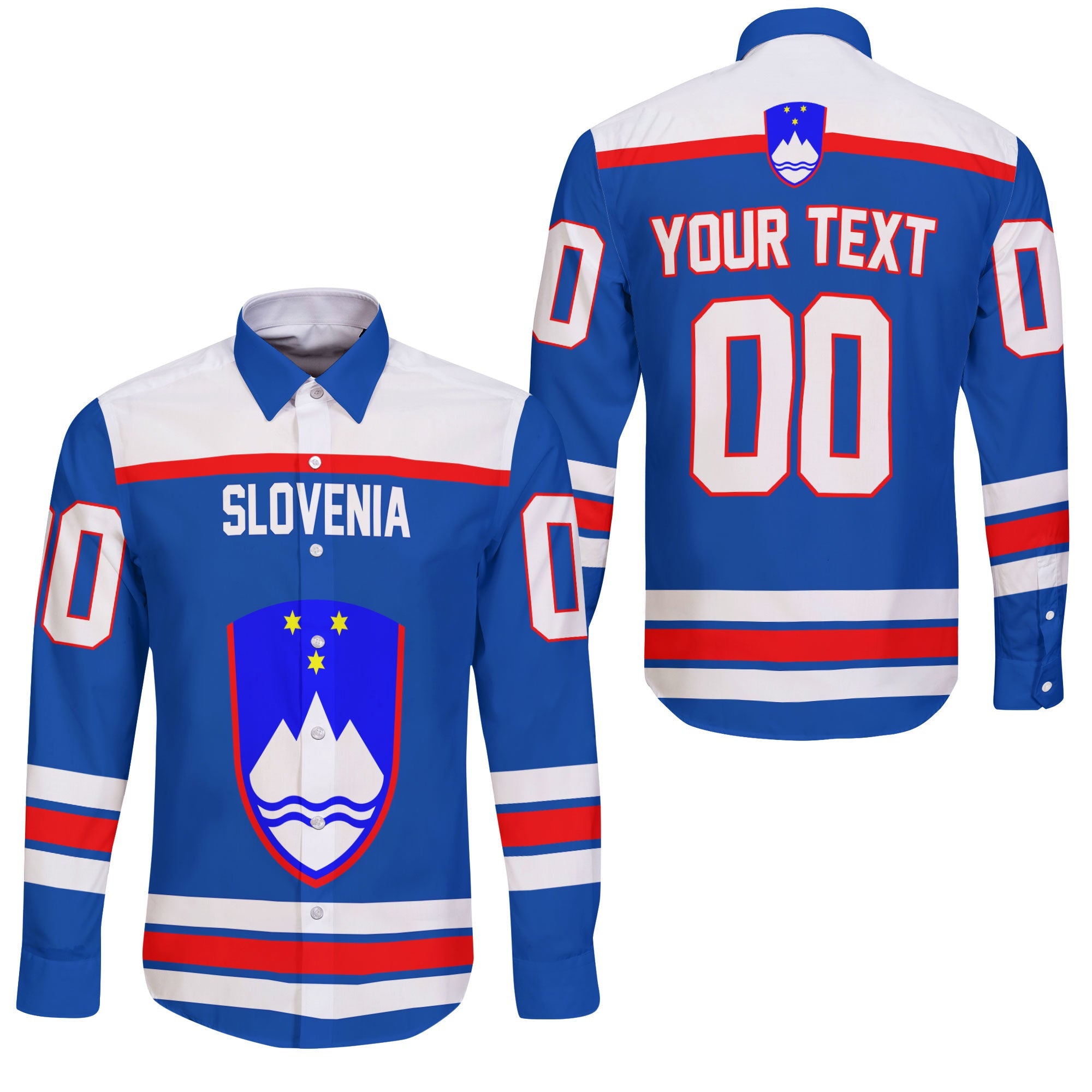 Slovenia Long Sleeve Button Shirt Flag & Coat Of Arms Hockey Style