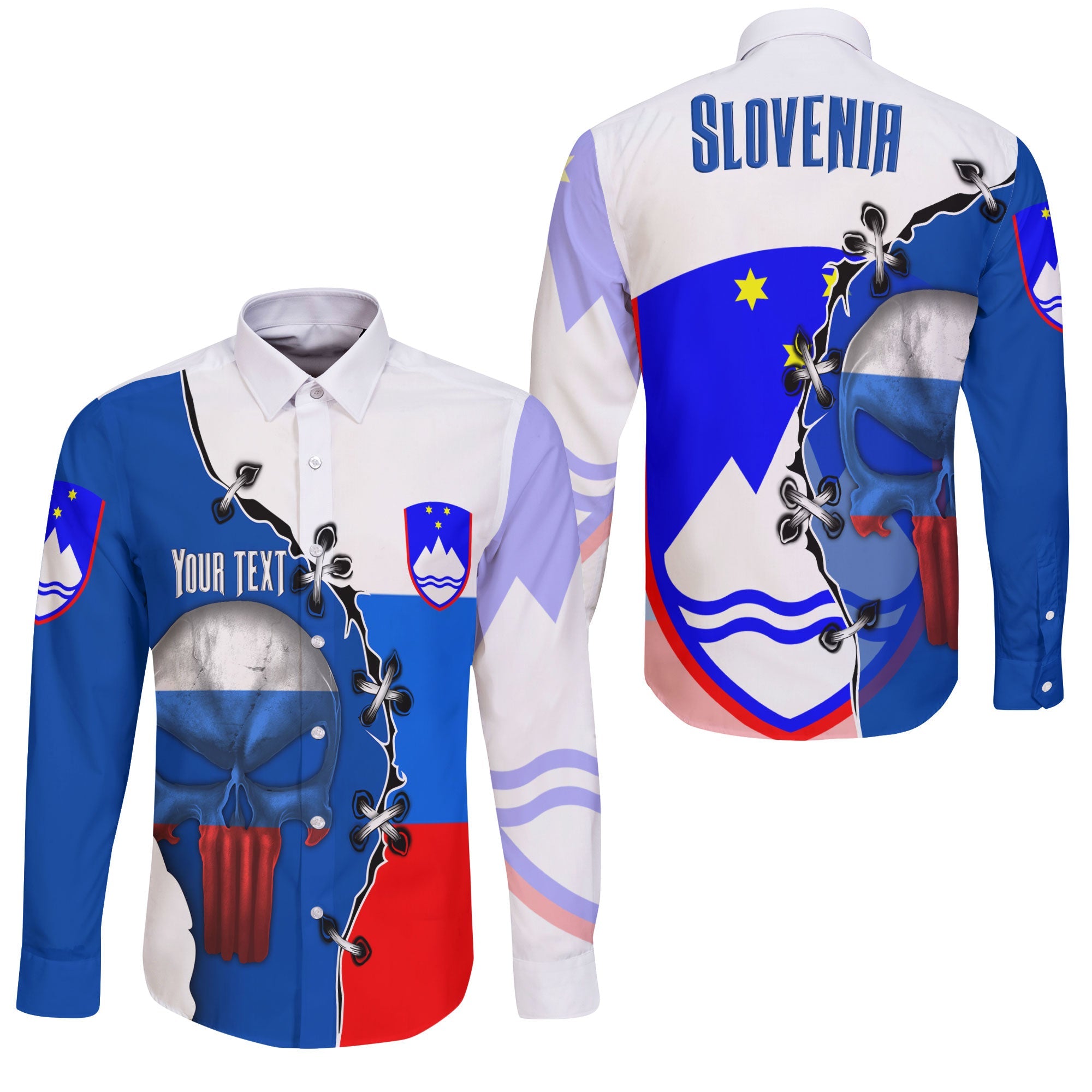 Slovenia Long Sleeve Button Shirt Flag & Coat Of Arms Skull Style