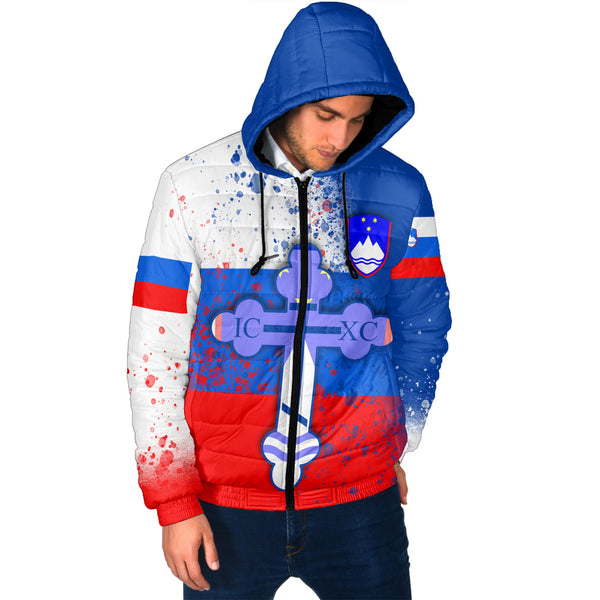 Slovenia Men Hooded Padded Jacket Flag & Coat Of Arms Orthodox Style