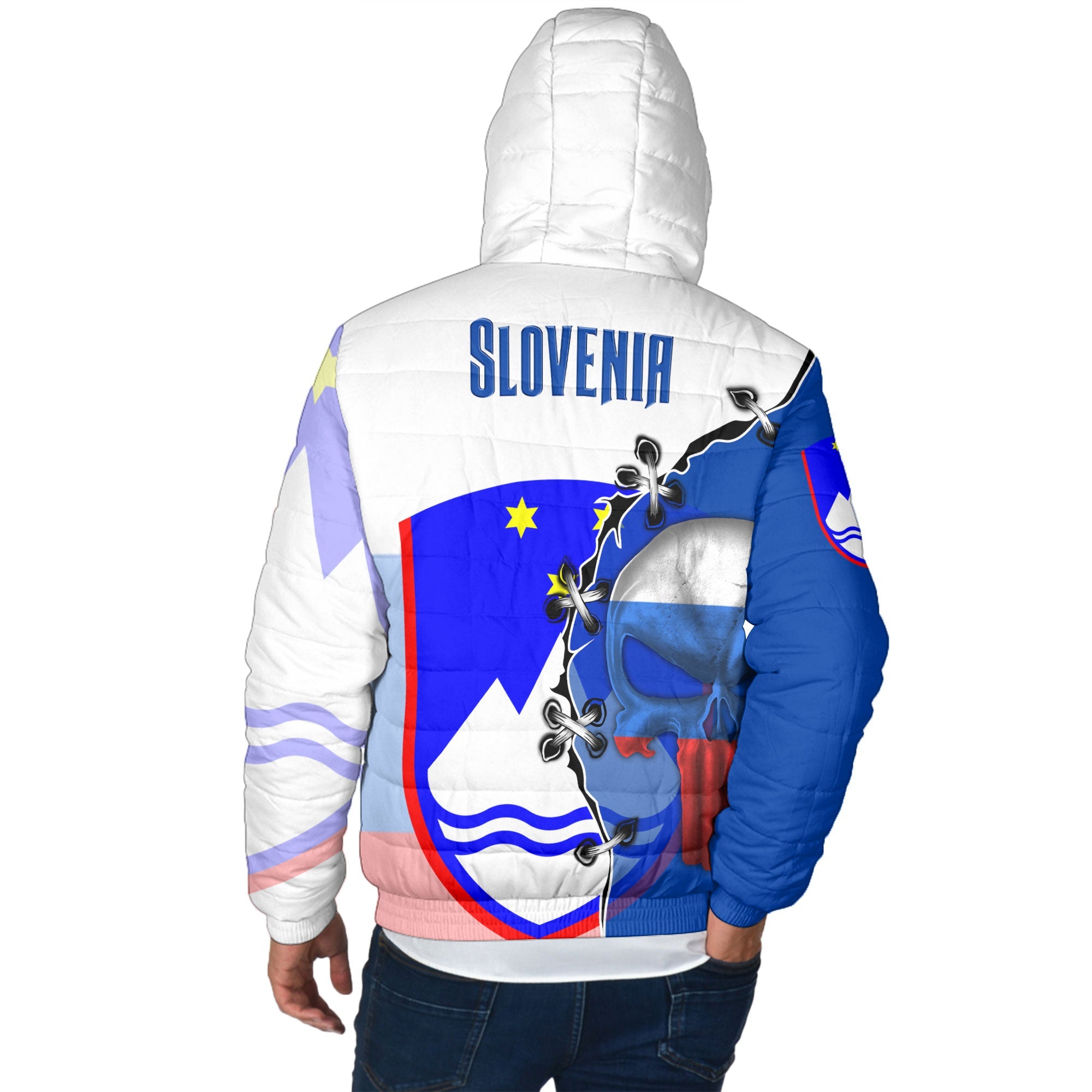 Slovenia Men Hooded Padded Jacket Flag & Coat Of Arms Skull Style