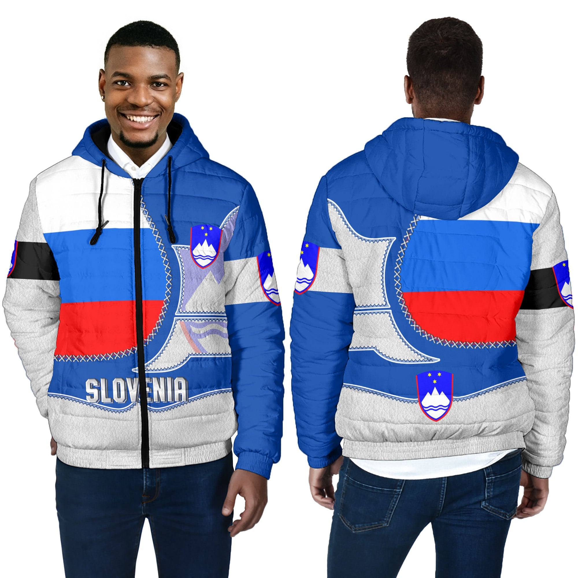 Slovenia Men Hooded Padded Jacket Flag & Coat Of Arms Leather Style