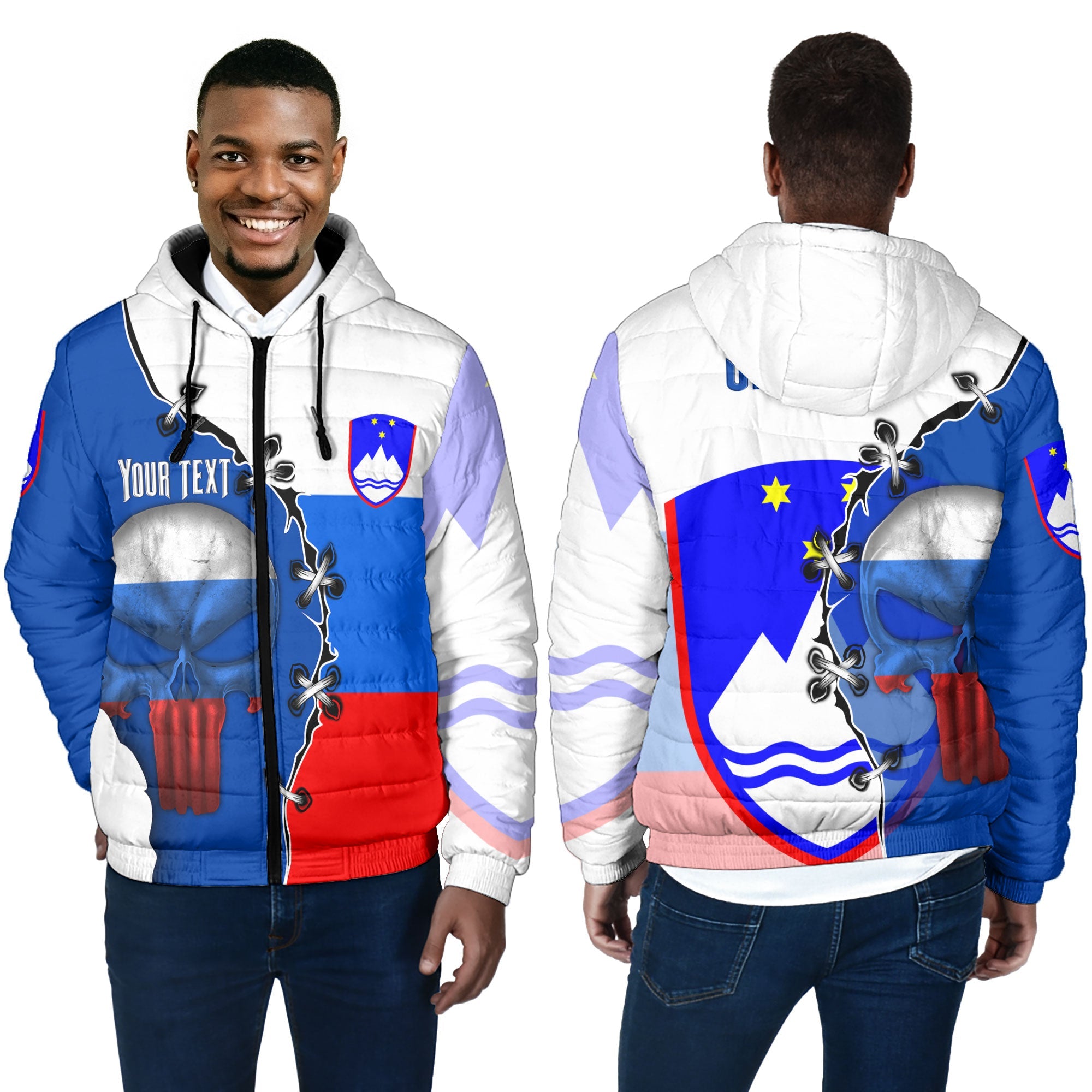 Slovenia Men Hooded Padded Jacket Flag & Coat Of Arms Skull Style