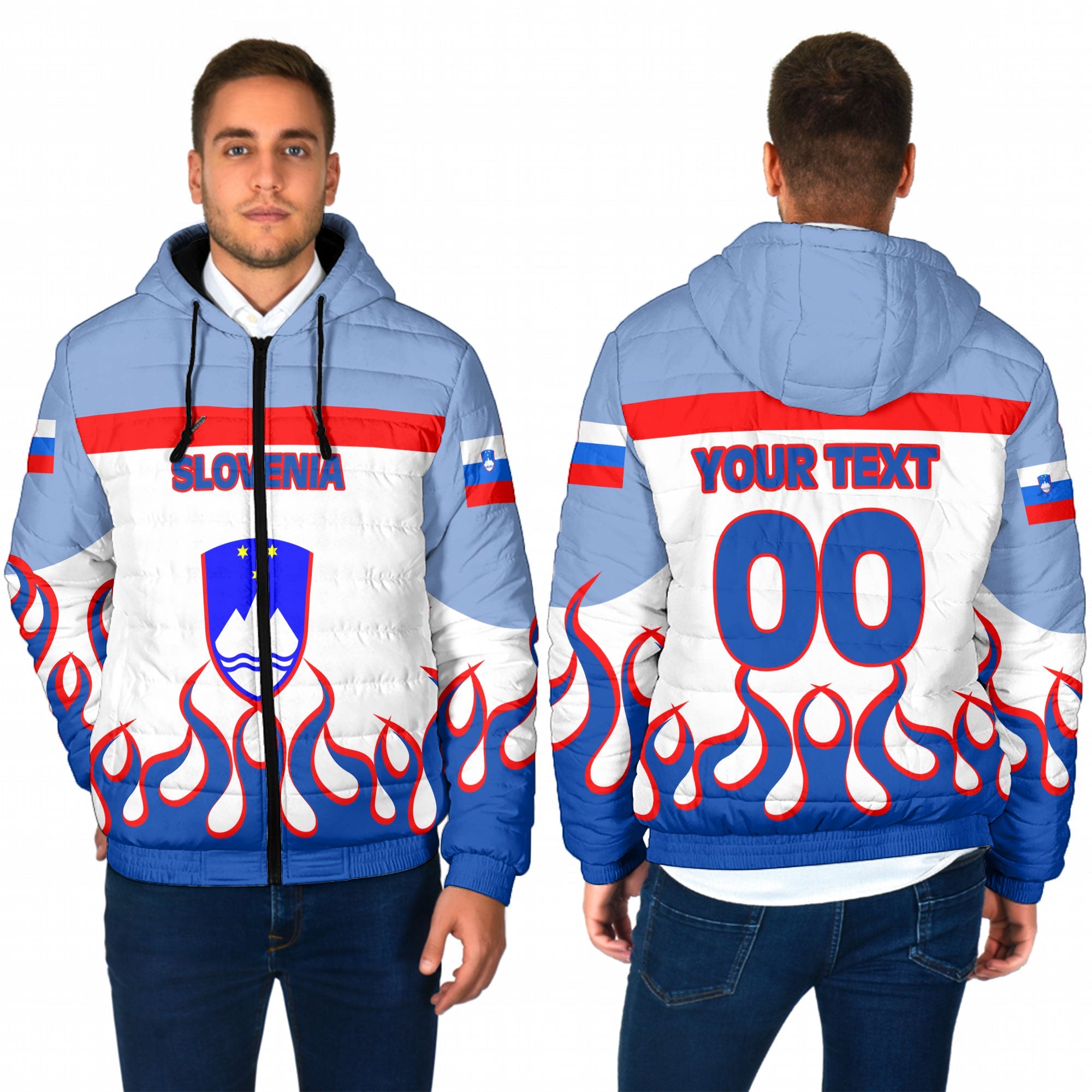 Slovenia Men Hooded Padded Jacket Flag & Coat Of Arms Fire Hockey Style