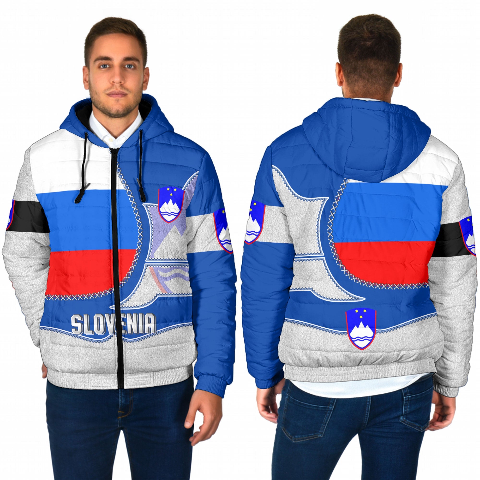 Slovenia Men Hooded Padded Jacket Flag & Coat Of Arms Leather Style