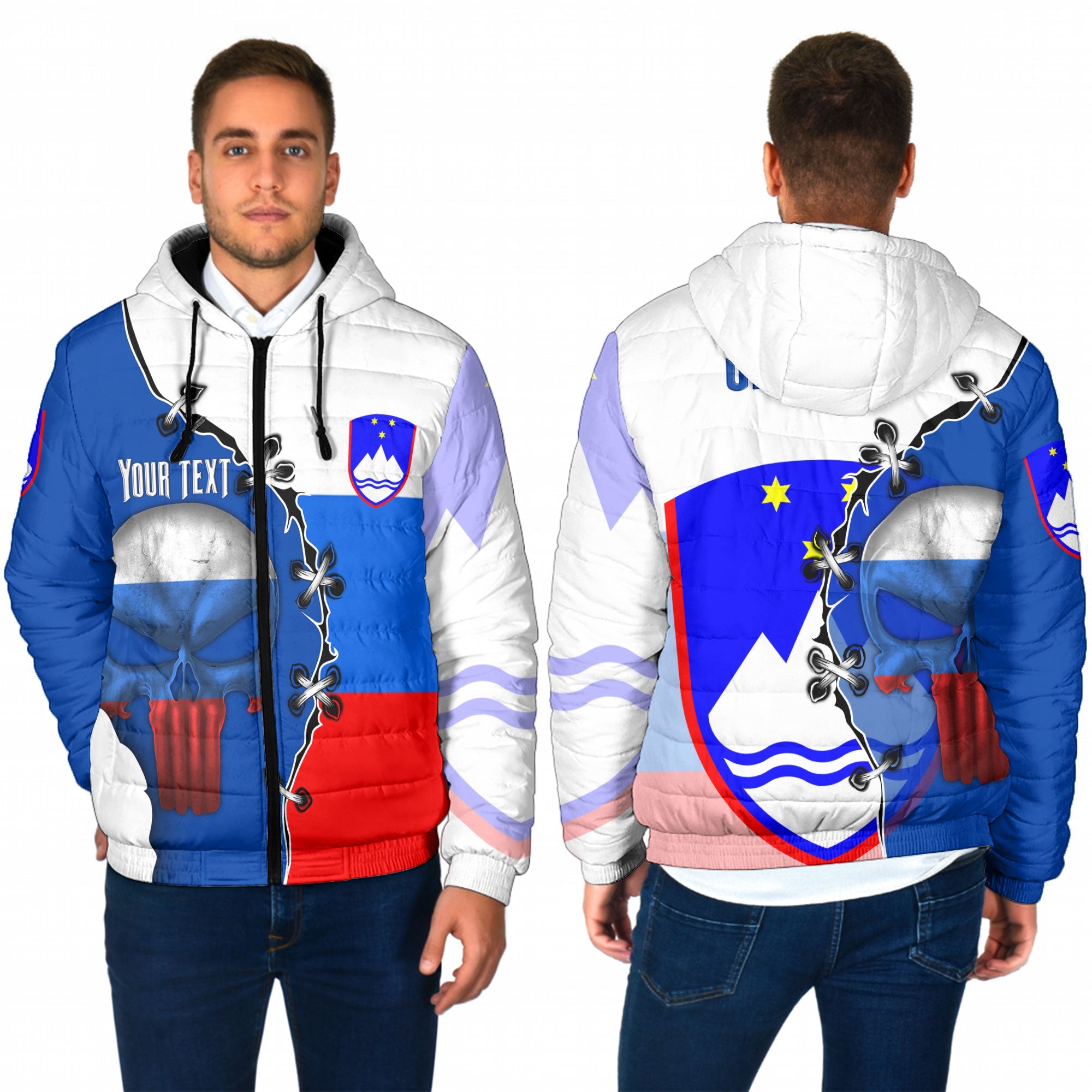 Slovenia Men Hooded Padded Jacket Flag & Coat Of Arms Skull Style